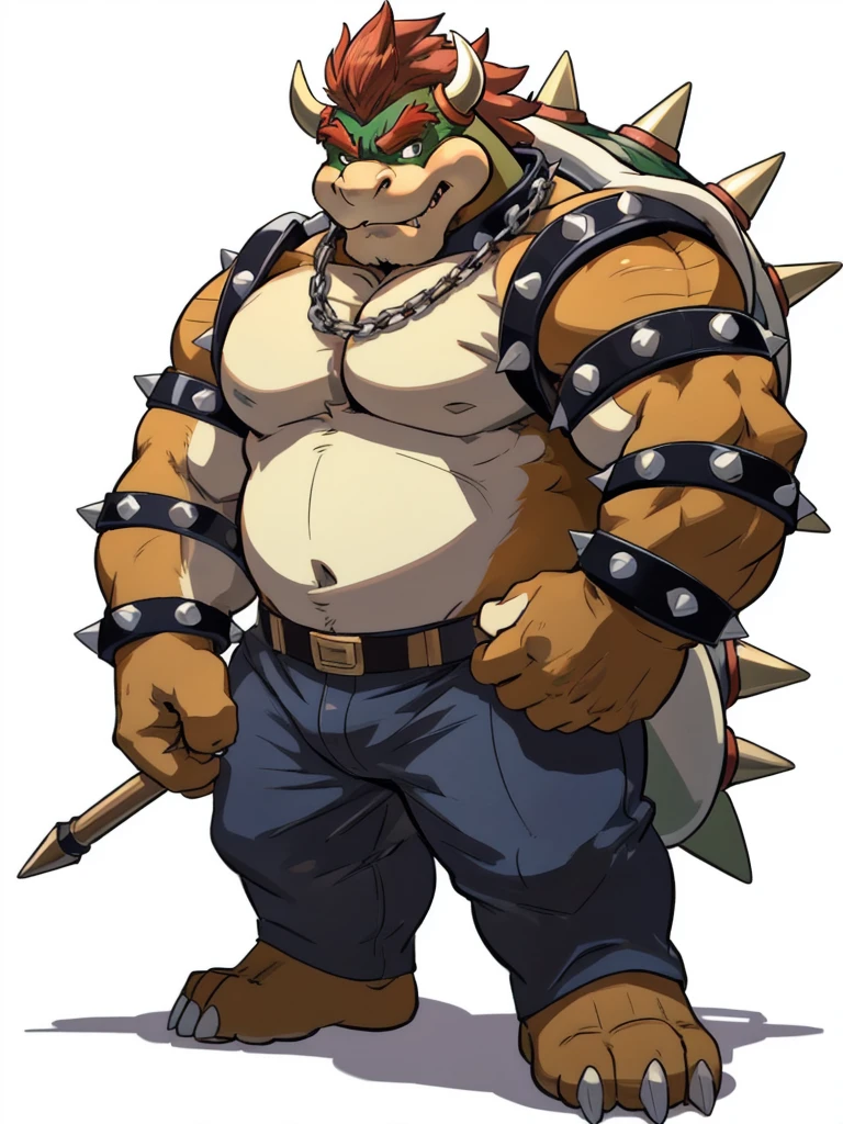 bowser, detailed bowser, 4k, high resolution, best quality, posted on e621, solo, male, masculine, pectorals, heavyweight, (white background, no background:1.1), (wfa style, meesh style:1.0), bowser anatomy, (detailed face, detailed eyes:1.0), (flat colors, cel shaded, cartoony shading:1.2), cartoony proportions, shiny skin, full body, short legs