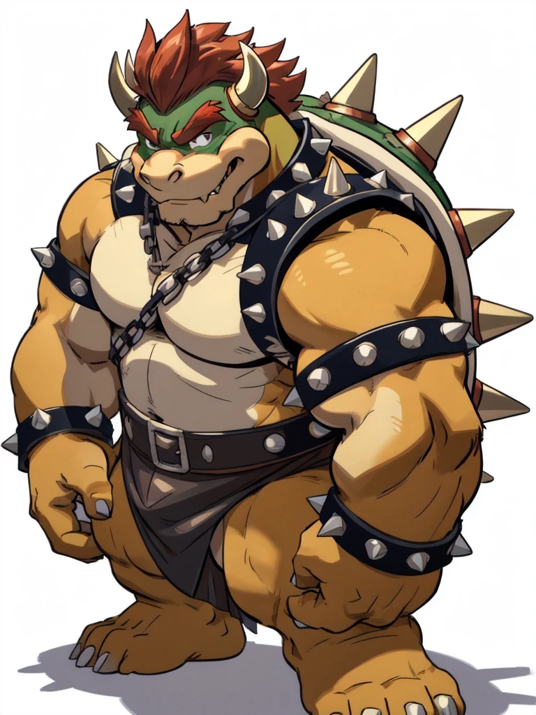 bowser, detailed bowser, 4k, high resolution, best quality, posted on e621, solo, male, masculine, pectorals, heavyweight, (white background, no background:1.1), (wfa style, meesh style:1.0), bowser anatomy, (detailed face, detailed eyes:1.0), (flat colors, cel shaded, cartoony shading:1.2), cartoony proportions, shiny skin, full body, short legs
