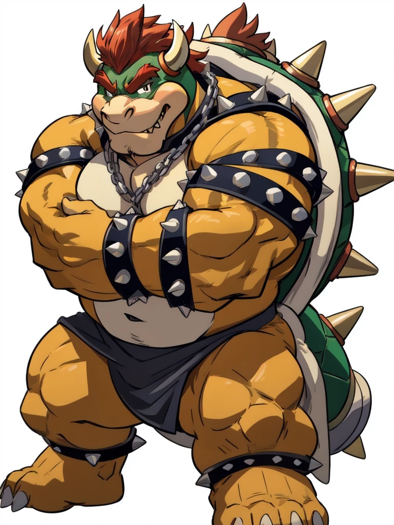 bowser, detailed bowser, 4k, high resolution, best quality, posted on e621, solo, male, masculine, pectorals, heavyweight, (white background, no background:1.1), (wfa style, meesh style:1.0), bowser anatomy, (detailed face, detailed eyes:1.0), (flat colors, cel shaded, cartoony shading:1.2), cartoony proportions, shiny skin, full body, short legs