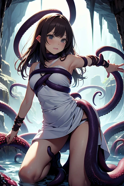 ((masterpiece)), ((best quality)), (ultra-detailed),(in the cave),(monster),(((many tentacles wrap arotnd the body))),a cute girl, 1girl, solo, (white girly dress),((many tentacles bound arms)), ((thin waist)),large breast, slim, slender,beautiful brown hair, beautiful blue eyes, (beautiful eyes), long hair,troubled expressio