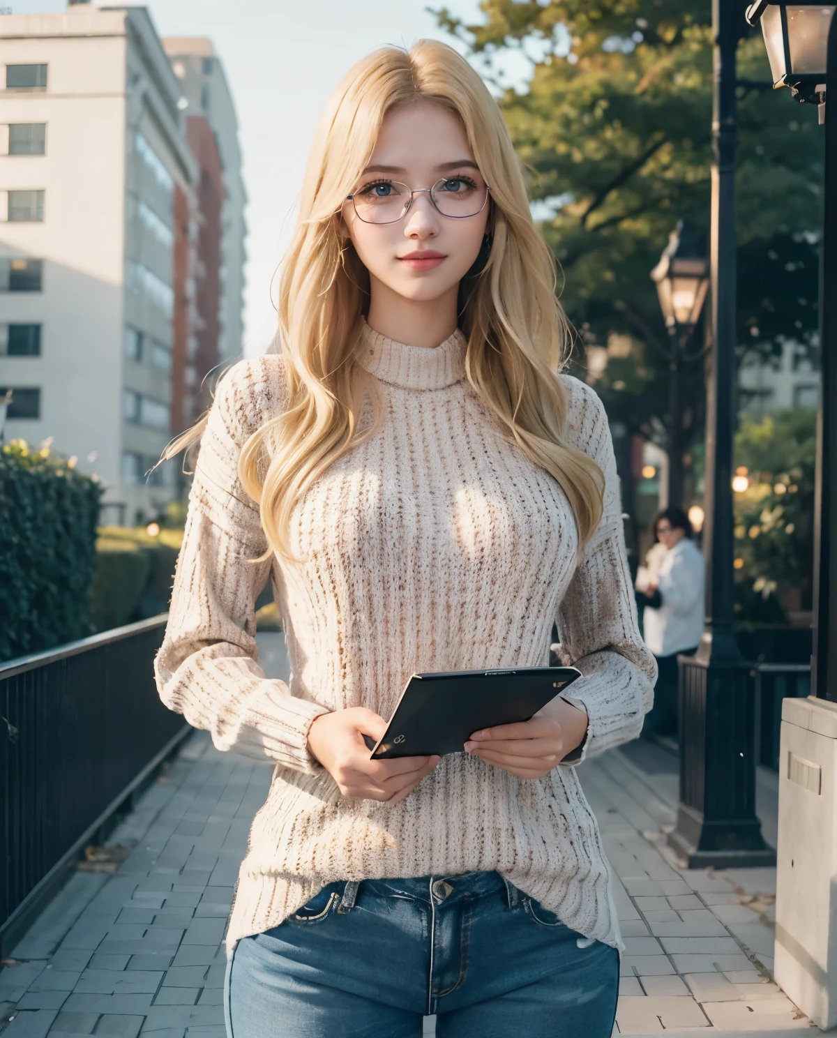 1girl, Blue eyes, (smile), (Sana Minatozaki), wide hips, Big , big ass, (Best Quality, 8k, Masterpiece: 1.3), perfect hands, Clear Focus: 1.2, Perfect Body Beauty: 1.4, Highly detailed face and skin texture, detailed eyes, double eyelids, (blonde long hair :1.2), (square reading glasses :1.4), (black long sweater :1.3), (jeans), standing, dynamic pose, in a park at night, streetlights in the background illuminating
