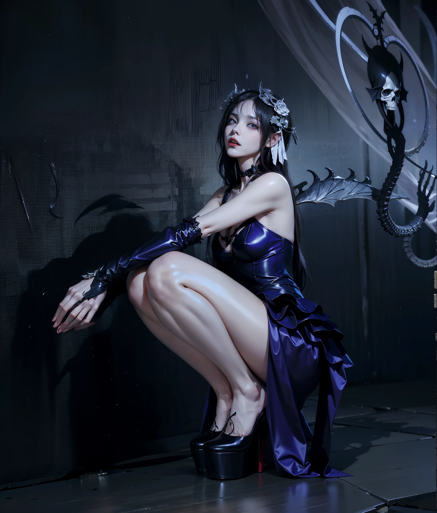 8k, RAW photography, top quality, masterpiece: 1.2), (real, photoRealstic: 1.37), a girl in 、 China - 、 25 years old, female, a sexy whore sitting on a monster tentacles dripping black liquid, (deep night) ,(monster palace haunted tentacles smeared with black liquid (scenes of palace filled with black waste illuminated by lamp oil emitting blue light) terrible) poured into the soil mixed with mud to form a black solution), 、(dirty ground full of worms and snakes and centipedes), 、(black waste transformed by worms and snakes and centipedes)Light from an oil lamp on the ground, lamp face, radiation、(sitting position with legs to white underwear exposed)(long smooth white legs with no muscles) (red underwear super nice and detailed) (sitting on tentacle monster with black mucus (black slime on legs and underwear ) (colored high heels made of black mucus wrapped around the feet)(tentacles wrapped around legs and thighs)(tentacles secrete black fluid onto the whore's thighs and legs), purple-blue hair on high heels sexy hair bun, navy blue eyes with lenses, face detail, lip detail, eye detail, glasses, excess skin、(monster tentacles wrapped around whore's chest)(slimy tentacles secreted black liquid onto the whore's chest)、(wearing a short white skirt while sitting on the monster revealing juicy white panties. White juice flows from panties to panties and thigh juice flows from white panties to the monster object ) 、 Sparkling cleavage, , off shoulder, off thigh, thigh bow ,(camel toe), perfect body , Shiny skin, (Body odor: 1, 2 ), smug angular face , ((sitting)), Eye contact with camera, Lens blur for background camera, depth of field, 35 m, super detail, super quality, perfect to perfect 、、 ( ( Taking pictures in Retro style )) , hands in front of chest ,((NSFW 1:1) ),((Retro filter 1:1) )
