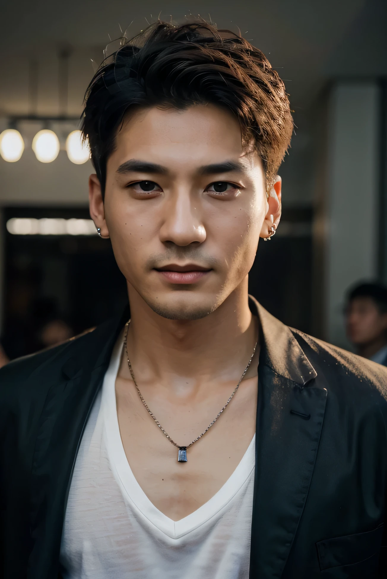 ((Best Quality, 8K, masterpiece: 1.3))、Cool Korean man, 120 year old man、Korean style Short hair、Sturdy face、Handsome nose、Detailed eyes and face、Beautiful lighting、(studio)、High Resolution、 (visible to the audience)、mouth details、Thin Mouth、,Sorrisos、whole body: 1.5, perfect body figure: 1.picture of both shoulders:1.3, Wearing a White T-shirt and a casual Black coat:1.5, Accessories : (men's earrings, necklaces, men's rings, men's watches)