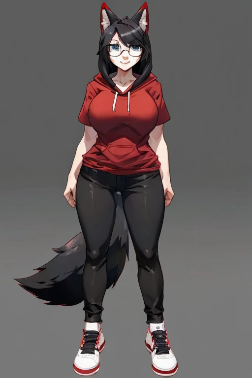 female, wolf, anthropomorphic, big breasts, big ass, black hair, slightly pudgy, (((1girl))), (((red shirt))), (black hoodie), (black pants), (white sneakers), full body, cute and sexy, grey skin, long legs, smiling, (glasses)