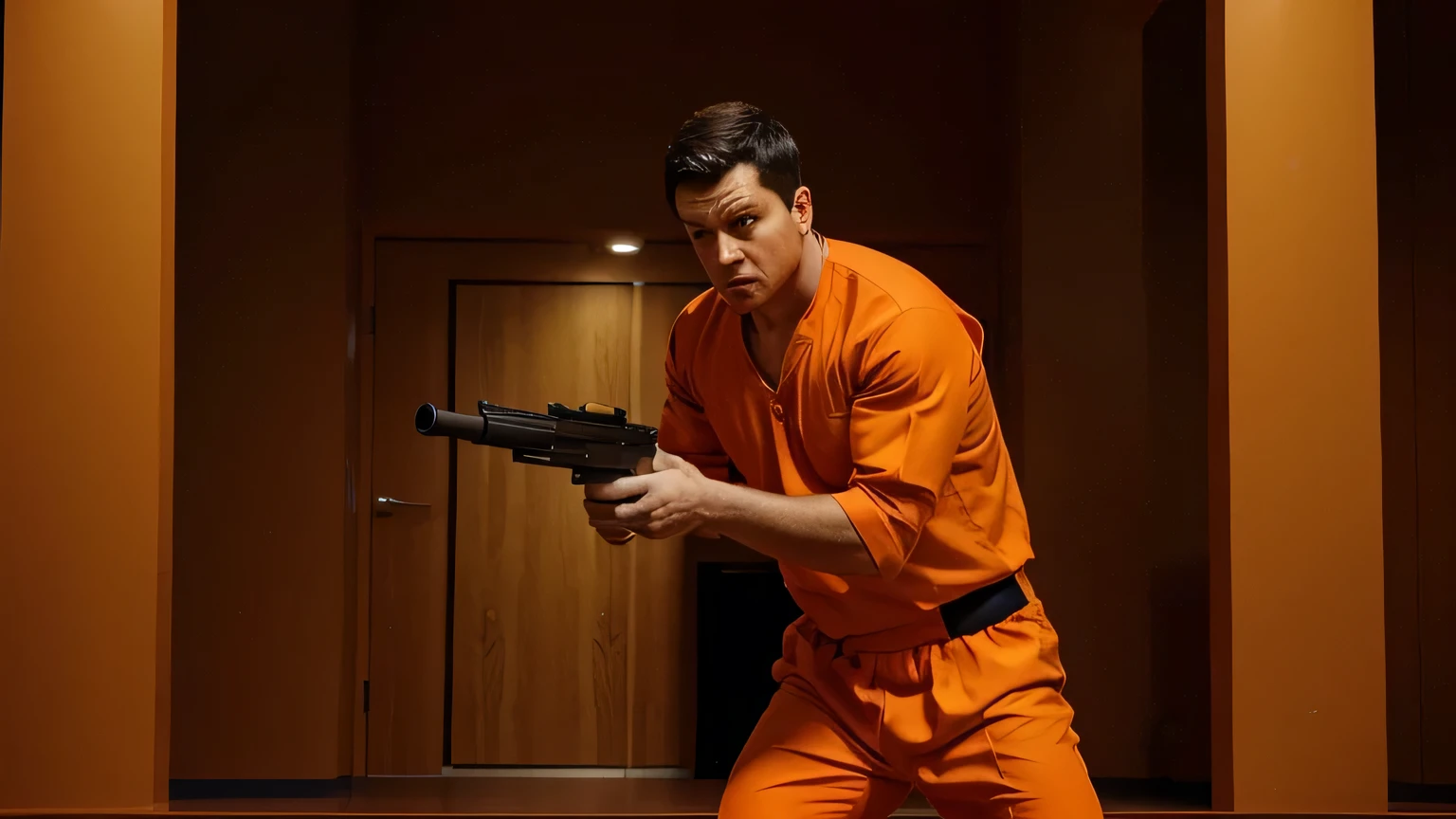 a prisoner man with orange prisoner clothes, he is aiming with gun to a tribunal judge person in the middle of the court, the judge is very scared, hyperrealistic