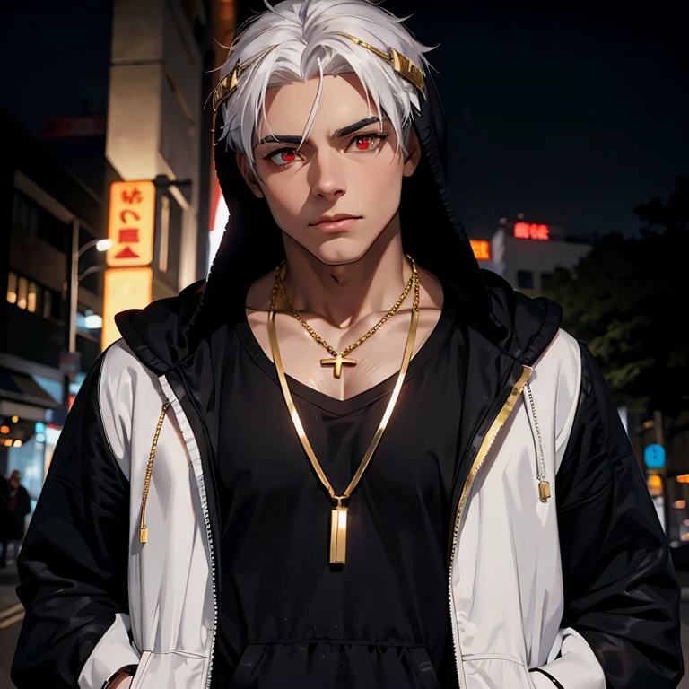 Male character, anime features, hand in pocket, hood, white hair, neon red eyes, black outfit, watch and gold necklac Hood hiding the face