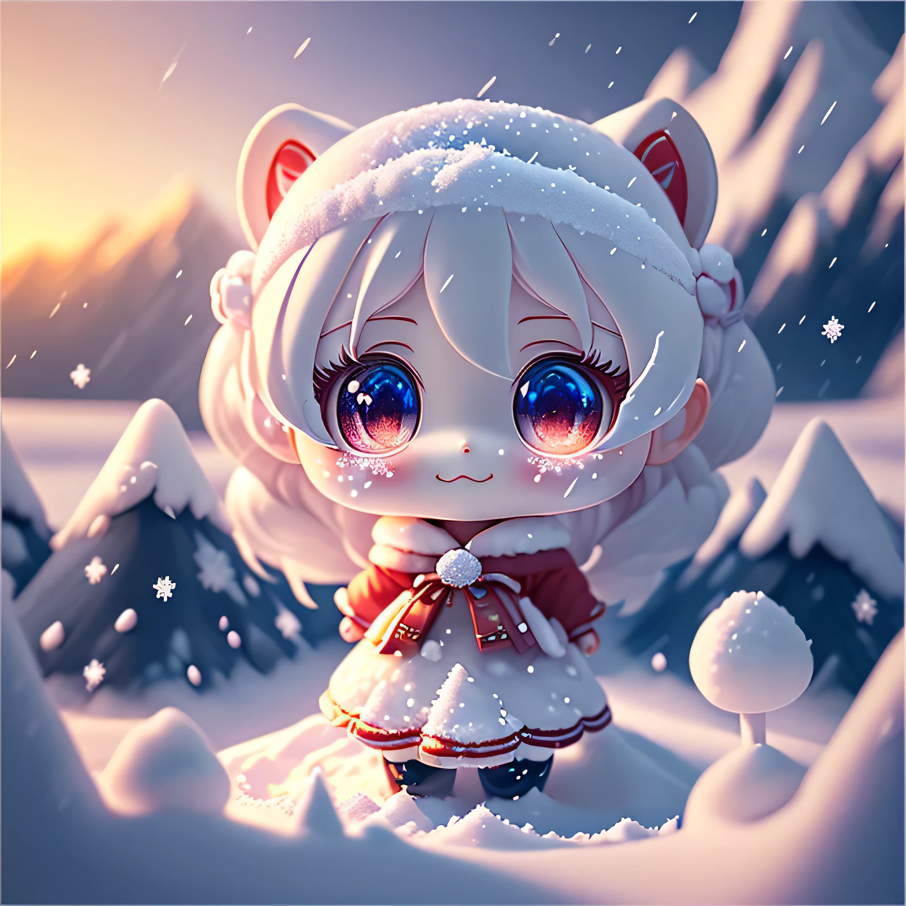 cute赤ちゃんa bitアニメ、(((chibi 3d))) (highest quality), (pieces fly)、a bitのgoblin、((highest quality)), ((masterpiece)), ( extreme details, best details, official art, beautiful and aesthetic:1.2), depth, 構図 whole body, a bit, cute, (beautiful and fine eyes:1), smile, bloom, goblin, Angel, (whole body:1.5), photograph, movie lighting, golden ratio、snow scene、Snow powder、見上げるsmileの接写、facing forward、(masterpiece、genuine、High resolution)、(1 girl):1.2)、Do-Up Eye、korean girl、(highest quality), (pieces fly), (1 girl), alone, dream-like、Highly detailed airbrush art(((Surgenuine))、intricate details、volume lighting、(masterpiece:1.2)、(highest quality)、The Super detailed、(moving composition:1.4)、Highly detailed colorful details with proper lighting、Atmosphere light production、dynamic composition、ray tracing、The mirror reflects light、depth of field is shallow、Super detailed、mixing  exposure、ticker、超masterpiece、Her eyes are glowing red、silver hair、Her face is full of anticipation and courage for adventure.、A smile comes to her lips、An air full of smiles and adventurous spirit、rear end、powder snow is falling on the snowy mountains。Its light brings the light of powder snow、Swaying powder snow creates a beautiful scenery..。Her courage and determination are condensed.、Eye-catching presence。her eyes are shining。powder snow、powder snow


