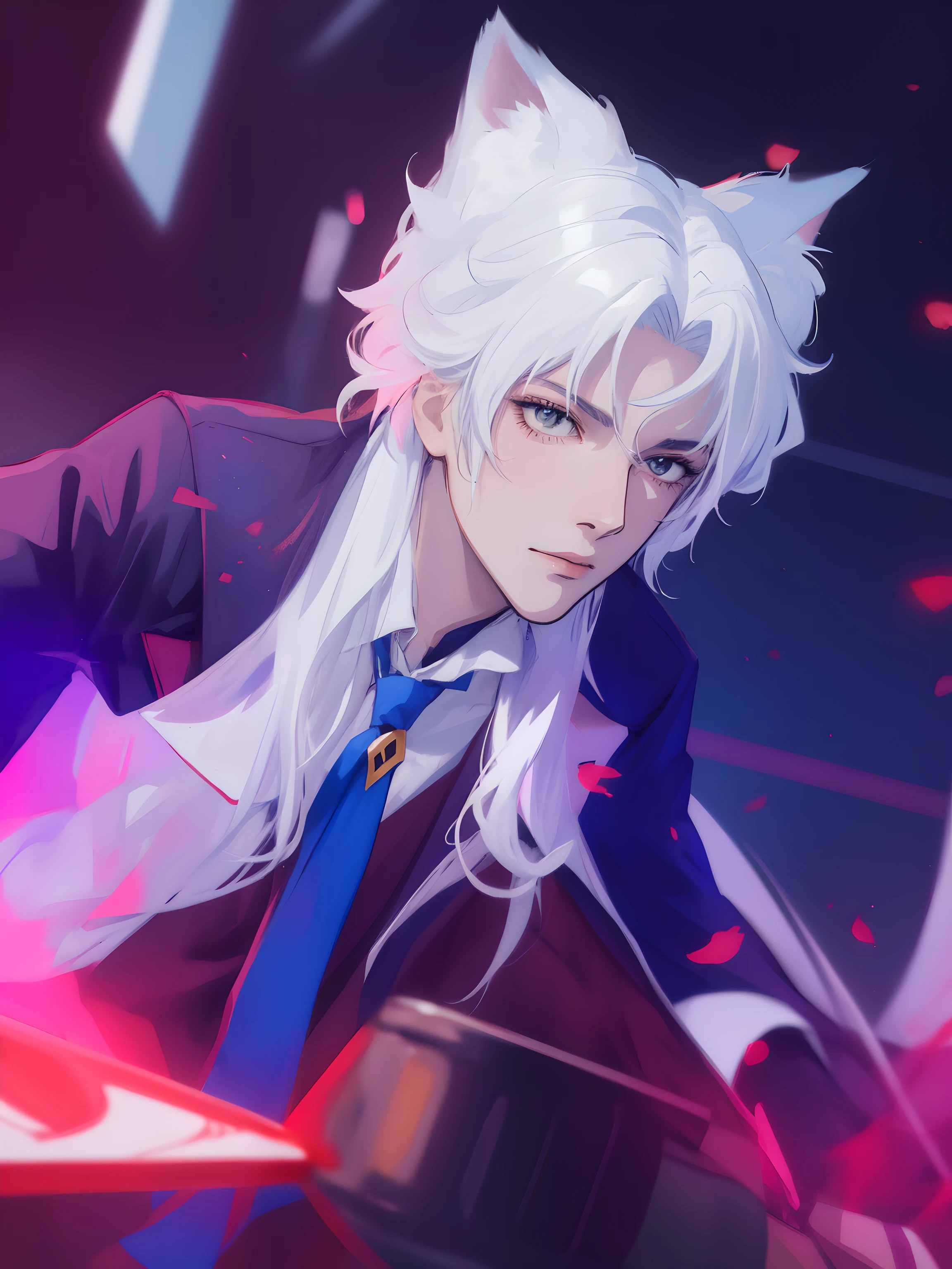 a close up of a person with a white hair and a tie, anime cosplay, professional cosplay, white fox anime, cosplay, cosplay photo, handsome anime pose, six packs