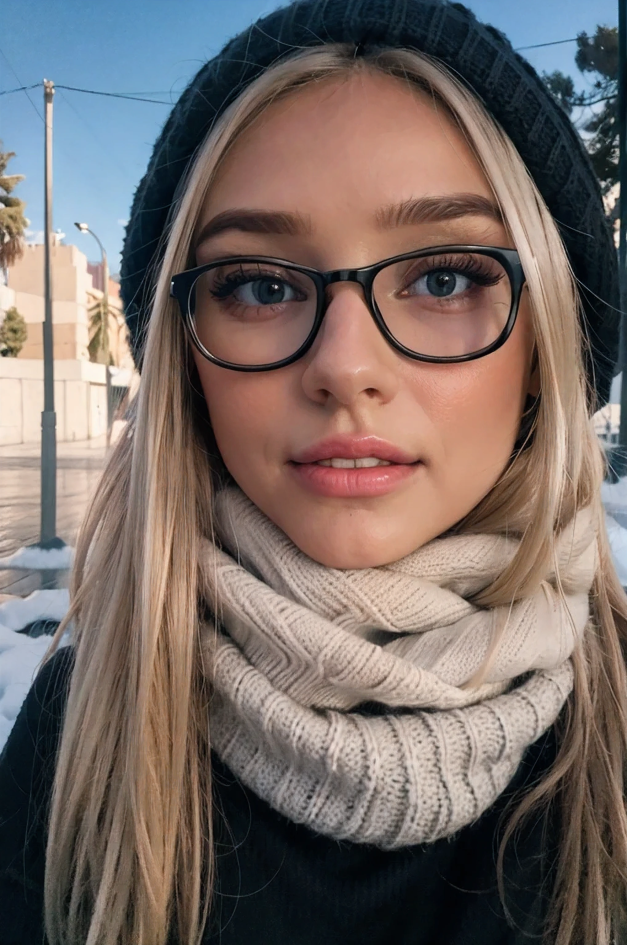 (Mejor calidad,high resolution),ultra detallado,Realista,retrato,warm colors,Soft lighting,happy expression,pelo rubio,parque,giant sweater,bufanda,ojos hermosos,gorro,autofoto,mielpuu, large black plastic frame lenses to improve vision