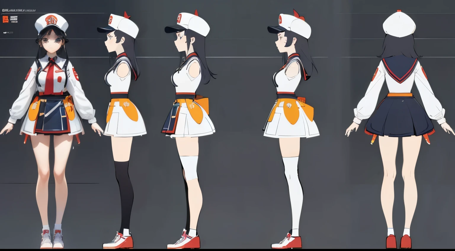 character reference sheet, 1 woman, 20 years old, ((game character)), ((wearing fast food staff costume, mini skirt, hat)), complete full body, character design sheet, ((1 front perspective view, 1 front view and 1 back view only)) yellow and white themed costume design, marvelous designer, 8k resolution, ultra high definition image output