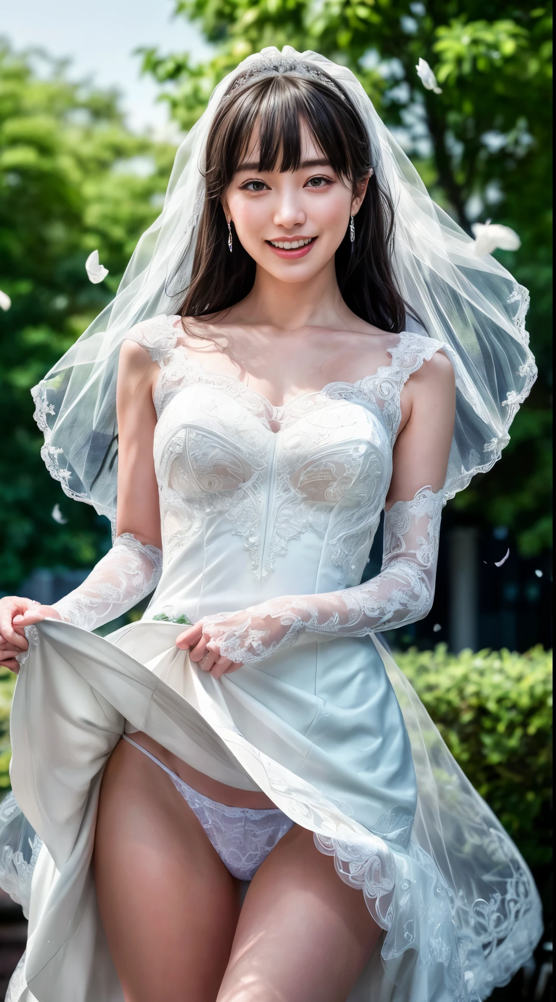 cowboy shot、(((happy face)))、the wind is blowing、In front of the church、sunny、Clear skies、confetti、Messy bowl cut hair with bangs、black hair、(((bride)))、((white wedding dress))、((wedding style))、(((happy wedding)))、highest quality,(RAW photo:1.2)、(realistic:1.4),(High resolution:1.4), 1 girl, Depth of bounds written,, intricately detailed,8K, very detailed, perfect lighting, epic background、((delicate pictures)),(の詳細なRAW photo),(highest quality:1.6), (Super high resolution:1.5), (realistic:1.75), 8K resolution, Canon EOS R5, 50mm, super detailed,cinematic lighting,(((skirt lift)))、((not wearing underwear))、lace gloves