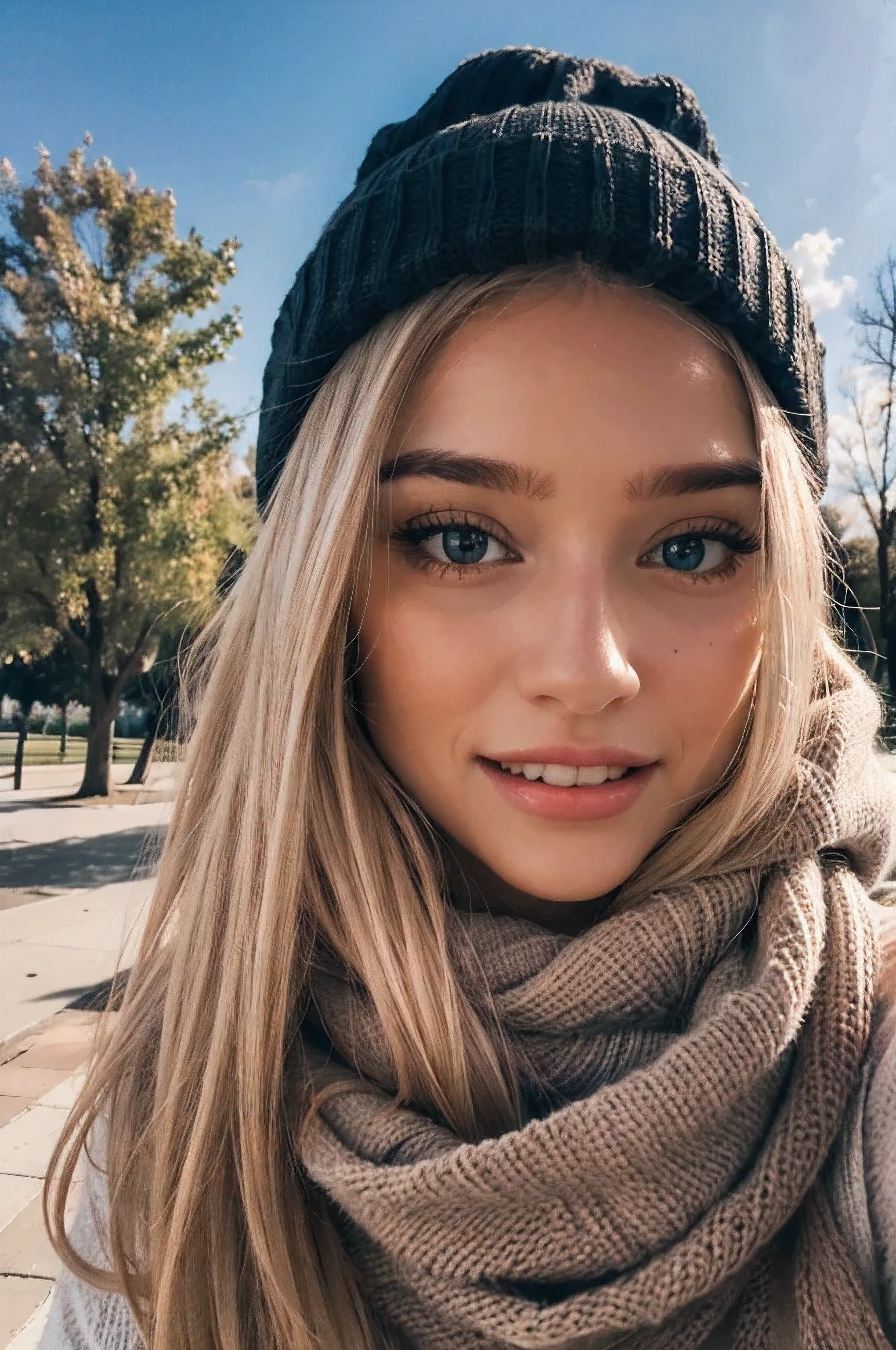 (Mejor calidad,high resolution),ultra detallado,Realista,retrato,warm colors,Soft lighting,happy expression,pelo rubio,parque,giant sweater,bufanda,ojos hermosos,gorro,autofoto,mielpuu