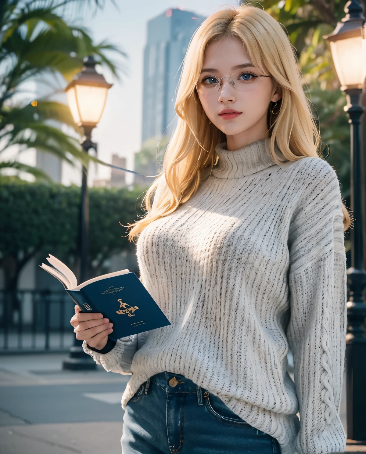 1girl, Blue eyes, (smile), (Sana Minatozaki), wide hips, Big , big ass, (Best Quality, 8k, Masterpiece: 1.3), perfect hands, Clear Focus: 1.2, Perfect Body Beauty: 1.4, Highly detailed face and skin texture, detailed eyes, double eyelids, (blonde long hair :1.2), (square reading glasses :1.4), (black long sweater :1.3), (jeans), standing, dynamic pose, in a park at night, streetlights in the background illuminating
