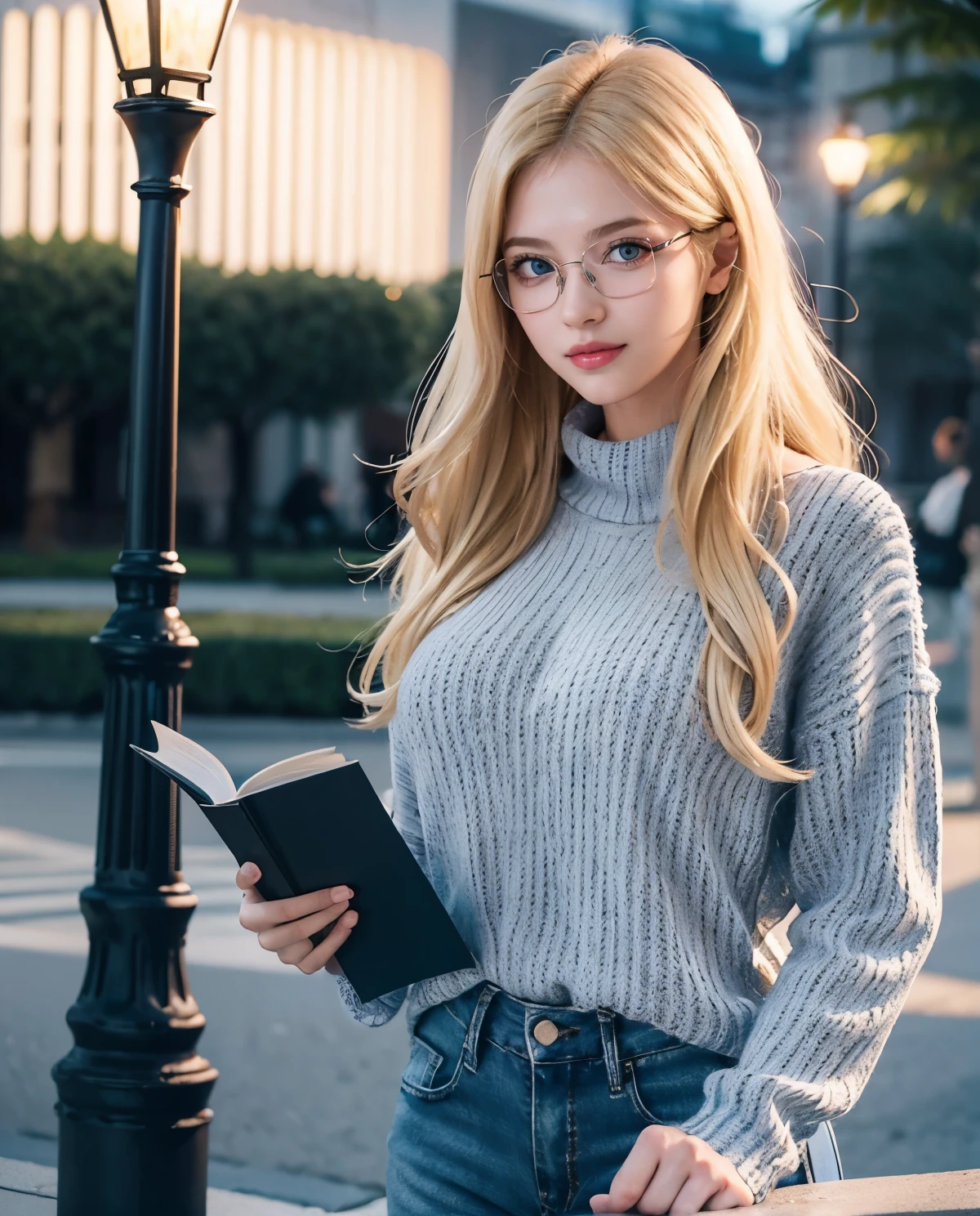 1girl, Blue eyes, (smile), (Sana Minatozaki), wide hips, Big , big ass, (Best Quality, 8k, Masterpiece: 1.3), perfect hands, Clear Focus: 1.2, Perfect Body Beauty: 1.4, Highly detailed face and skin texture, detailed eyes, double eyelids, (blonde long hair :1.2), (square reading glasses :1.4), (black long sweater :1.3), (jeans), standing, dynamic pose, in a park at night, streetlights in the background illuminating