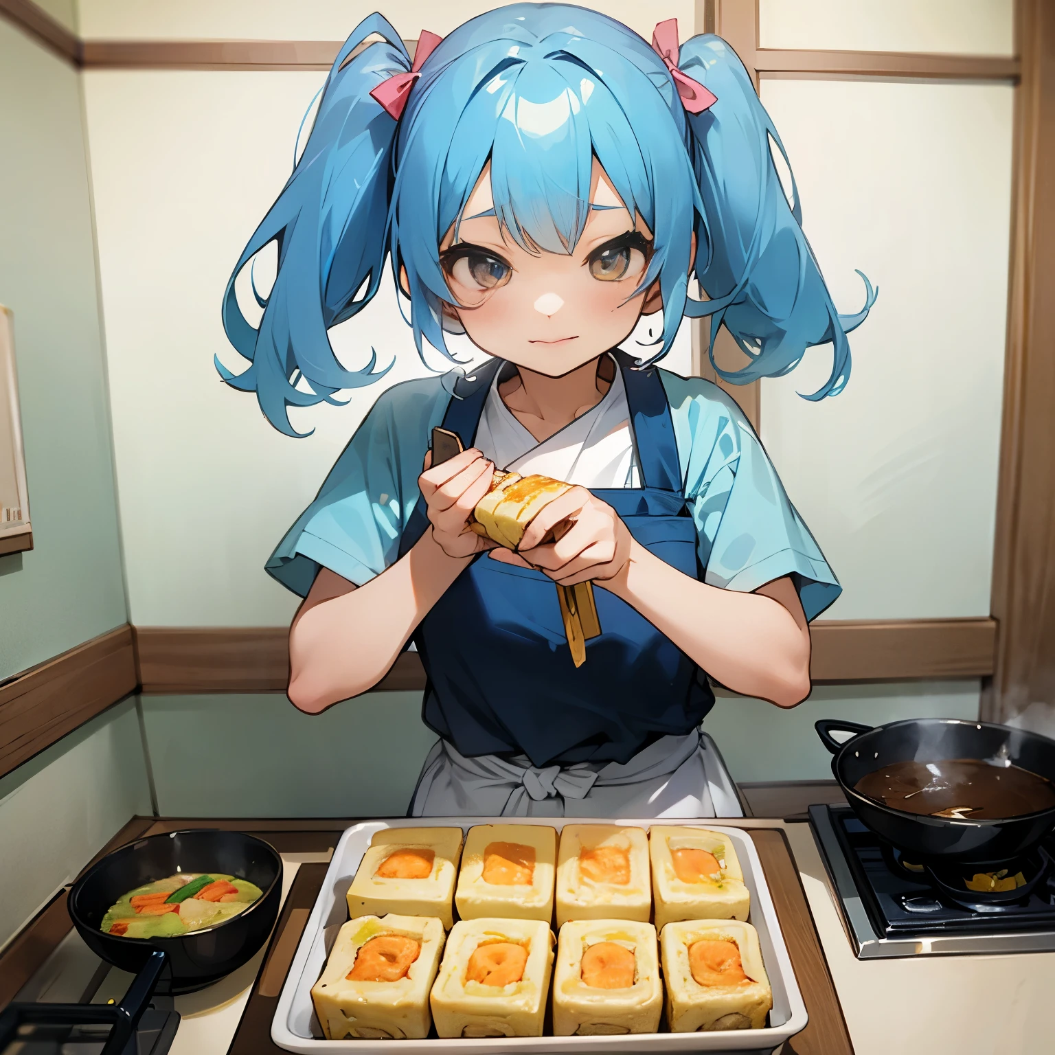 Girl making tamagoyaki, twin tails, light blue hair, good at cooking, cute