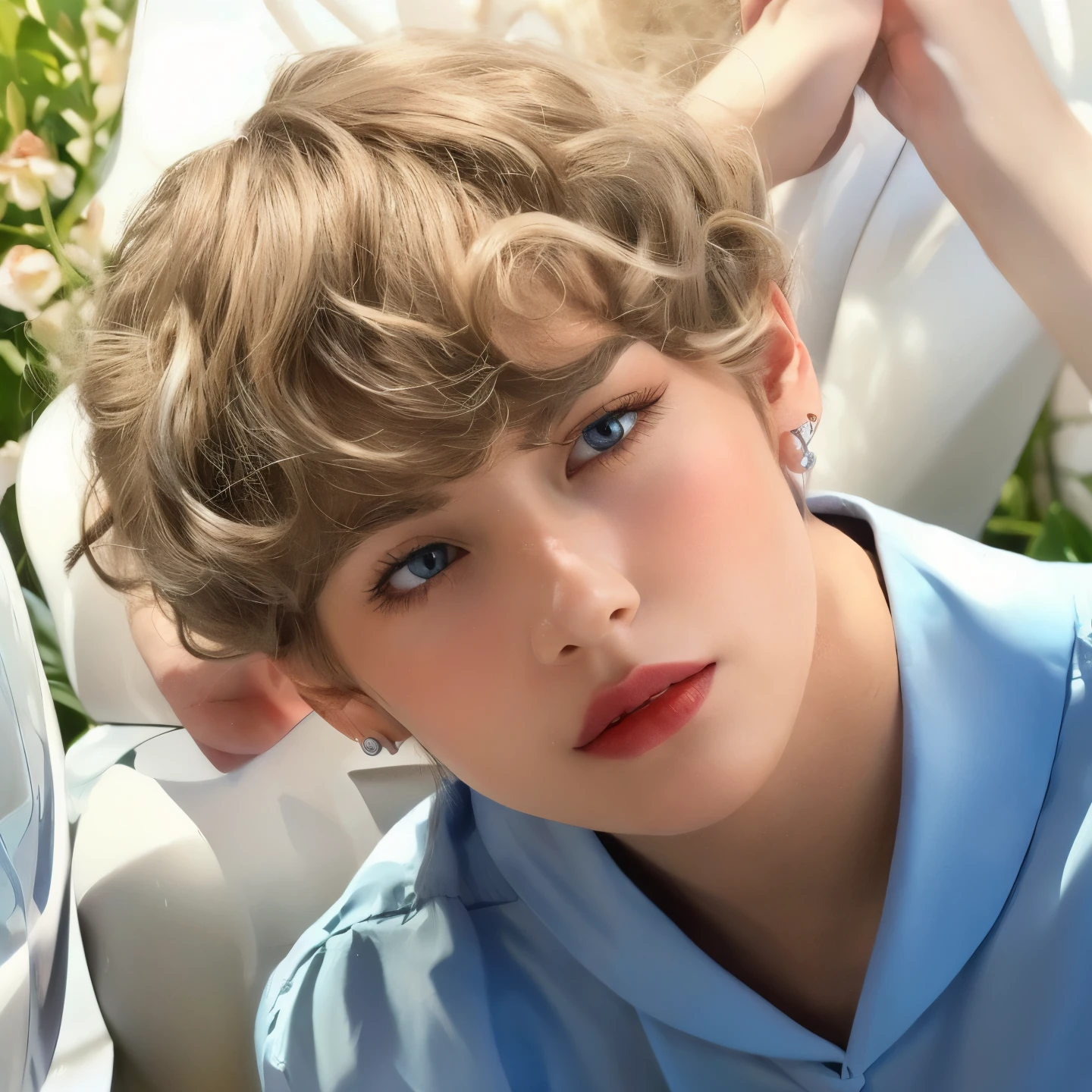 Smooth skin, light blue eyes, long lashes, white pale skin, red hair, pretty red lips, juicy lips, pearl earrings, necklace in form of "J", straight eyebrows