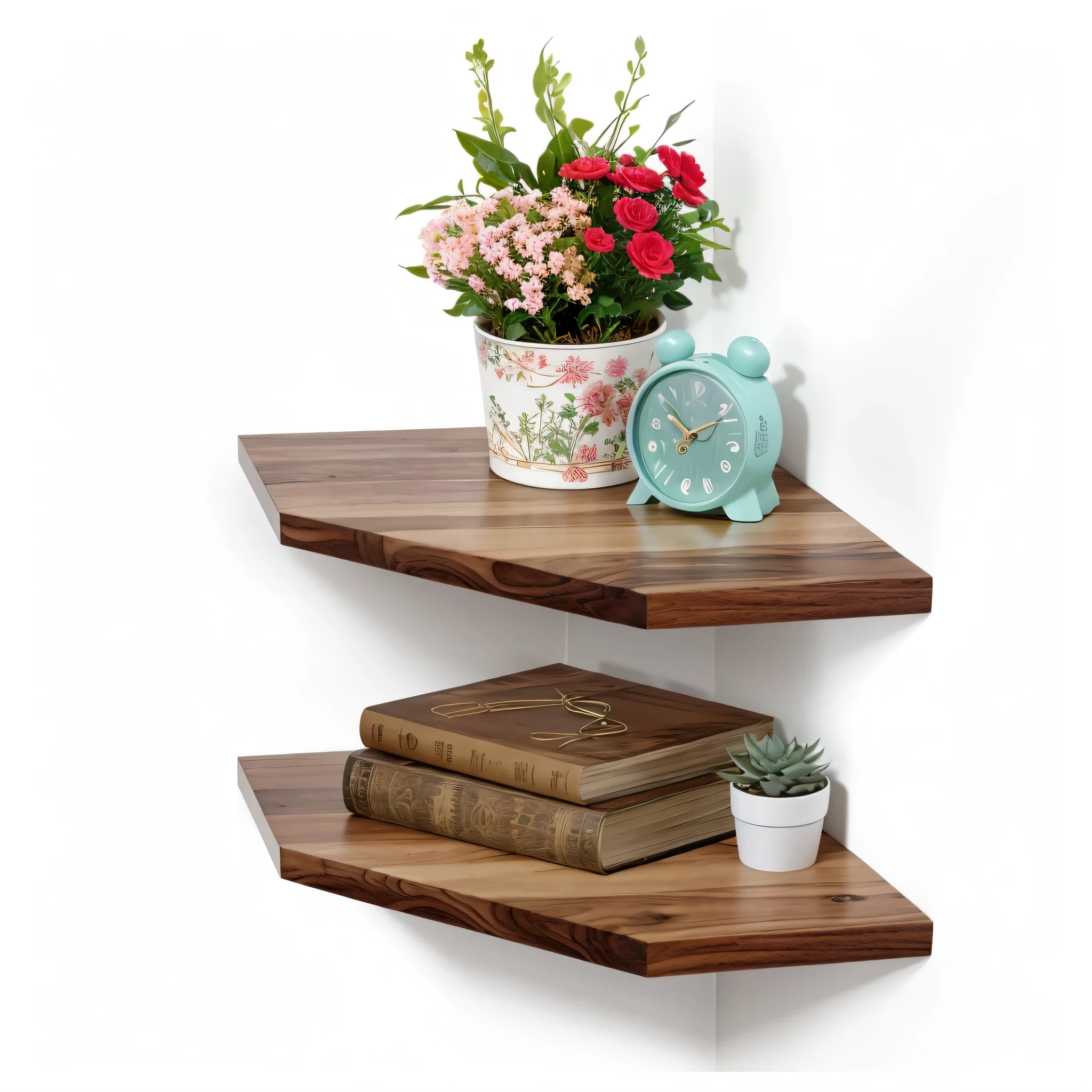 there are two wooden shelves with a clock and a plant, shelves, shelf, corner, simple wood shelves, short bookshelf, product introduction photo, zido, angled, jojo, product photo, ultra view angle view, book shelves, with detailed wood, above side view, angle view, catalog photo, scenic full shot, book shelf, corners, regale, displayed