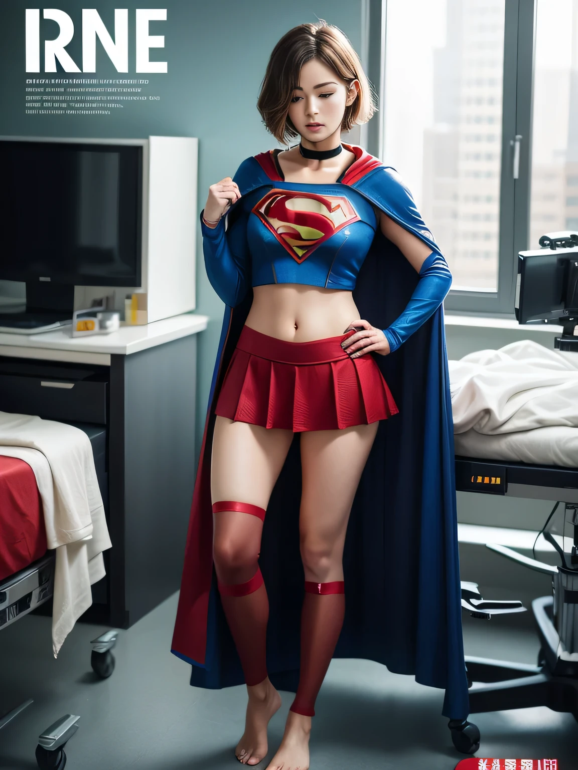 highest quality、masterpiece,Short-haired Supergirl sleeping in the operating room、plump breasts、look at the camera、choker、barefoot、magazine cover、High leg、red mini skirt、Tight costumes、Puzzled、wide open legs、obscene、Show me a glimpse、Fluttering cloak、long sleeve
