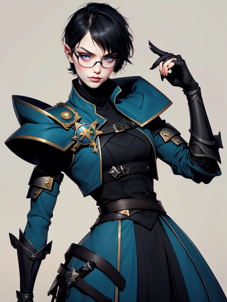 knight girl, stand pose, tomboy, short hair, black hair, beauty mark, glasses, blue eyes, medieval clothes, assassins