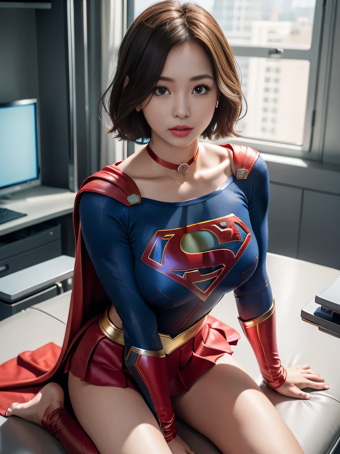 masterpiece、Supergirl costumes、short hair、barefoot、big and full breasts、operating room、operating table、straddle、Tattered、shiny、look at the camera、Seduce、choker、long sleeve、red mini skirt、Cowgirl、Estrus