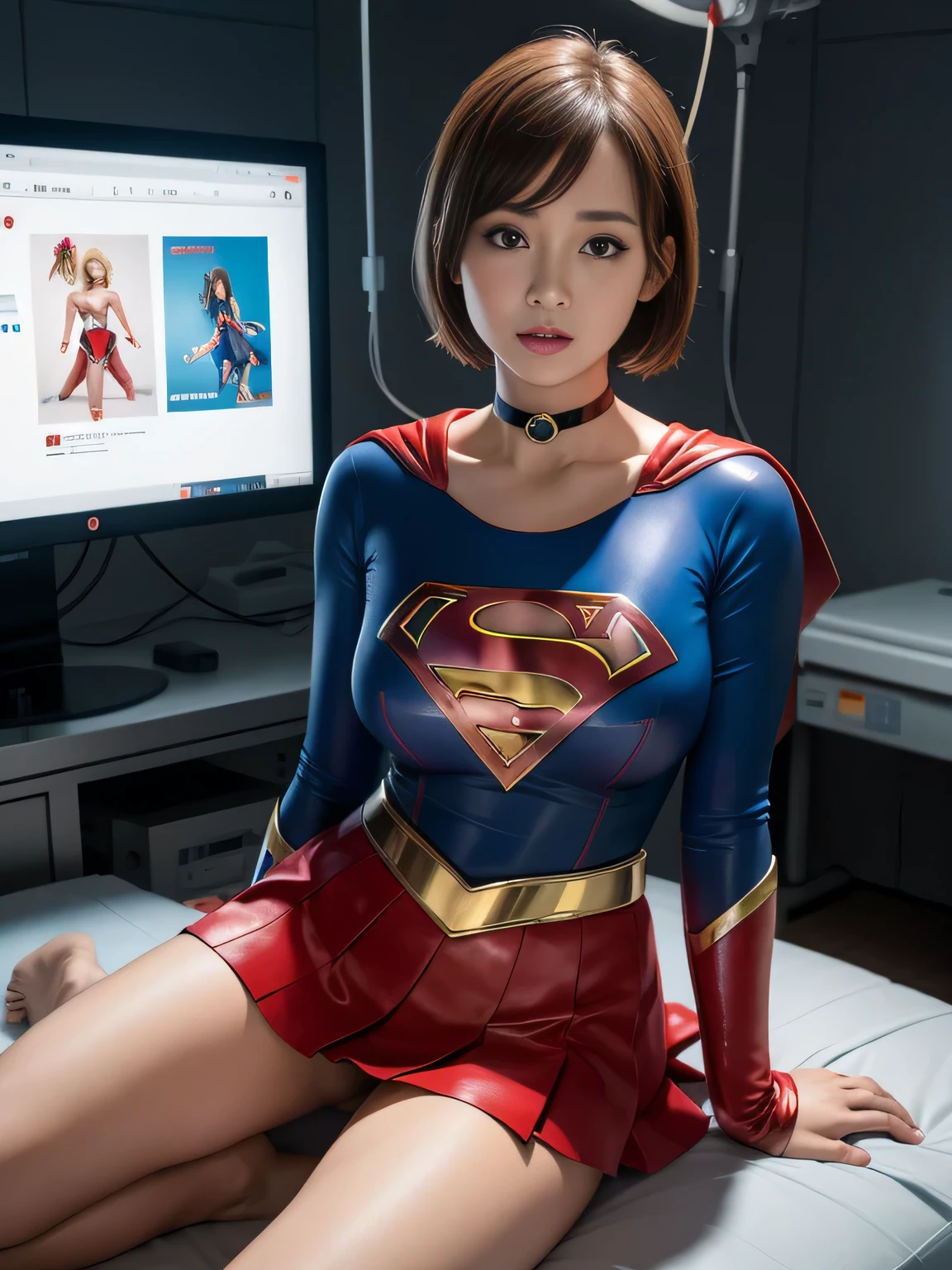 master piece,Supergirl costumes, short hair, barefoot, big and full breasts,operating room、operating table、straddle、corrupted、shiny、look at the camera、choker、long sleeve、red mini skirt