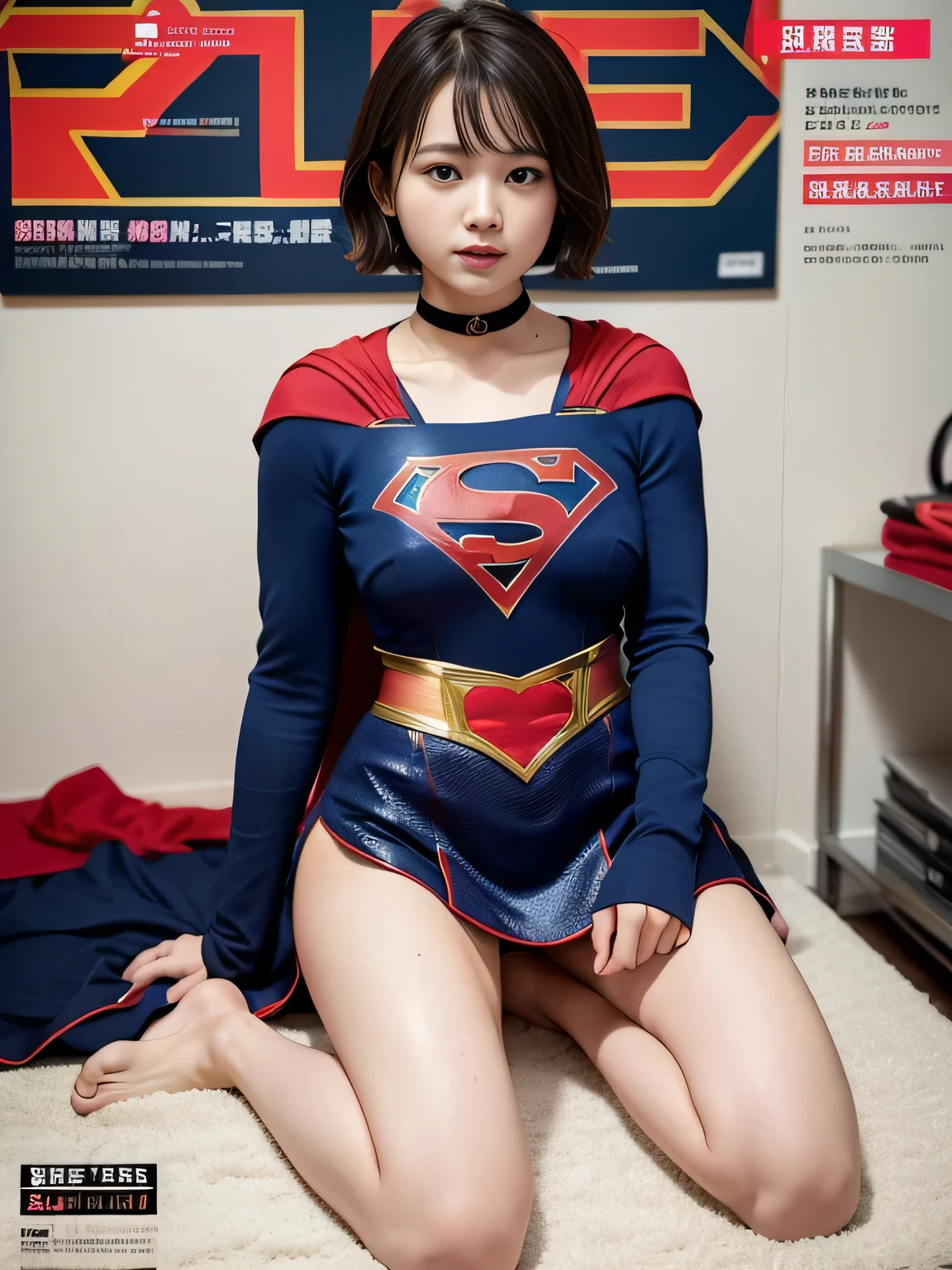 highest quality、masterpiece,Short-haired Supergirl sleeping in the operating room、plump breasts、look at the camera、choker、barefoot、magazine cover、High leg、red mini skirt、Tight costumes、Puzzled、wide open legs、obscene、Show me a glimpse、Fluttering cloak、long sleeve