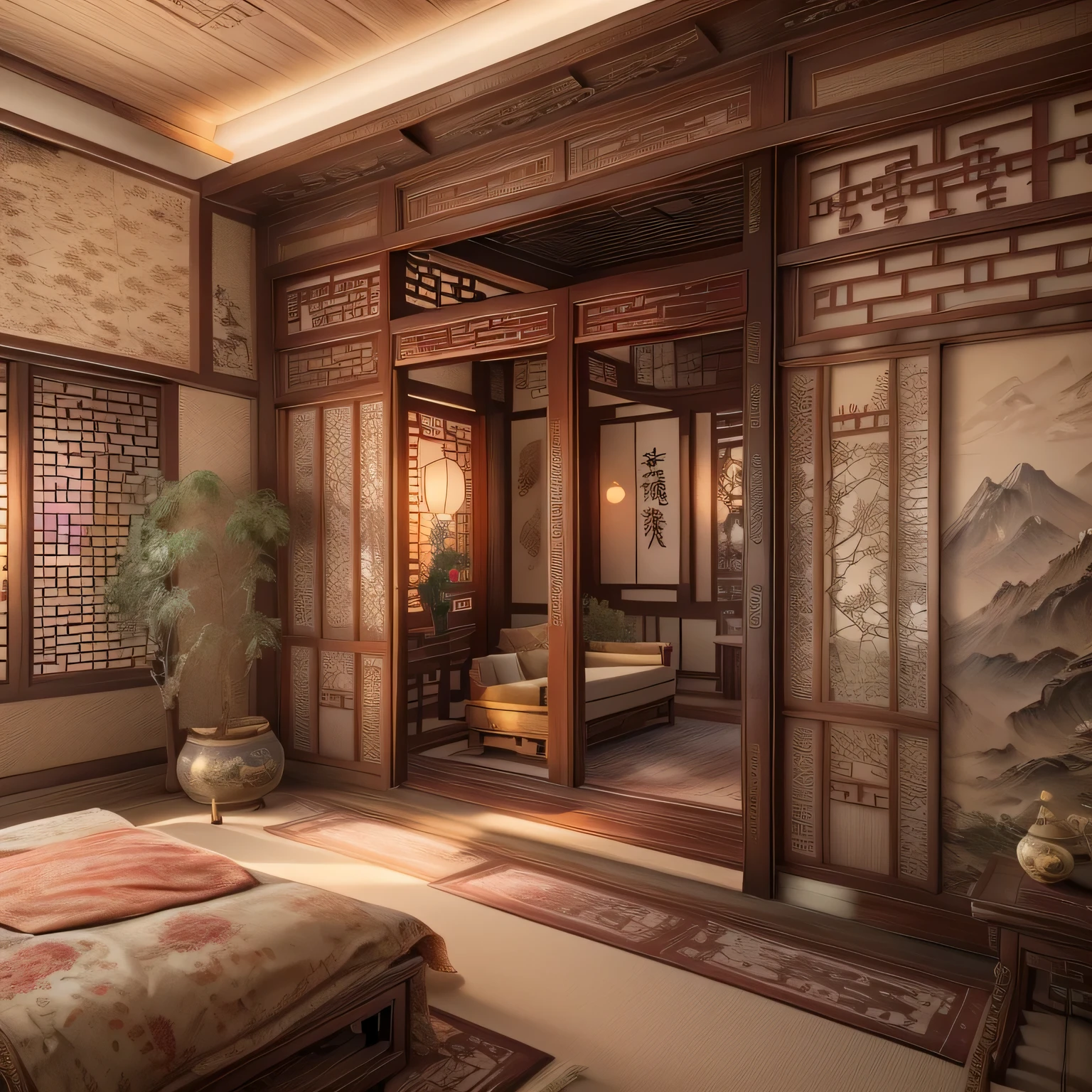 A traditional Chinese bedroom with antique wooden furniture, delicate carvings, and soft lighting, featuring ancient-style doors and elegant window coverings, ornate zither quietly placed in the corner, ink paintings hanging on the wall, exquisite jade carvings by the window, fragrant aroma diffusing throughout the room, displaying elegant calligraphy and antique artifacts, exuding a rich cultural atmosphere. (best quality,4k,8k,highres,masterpiece:1.2),ultra-detailed,(realistic,photorealistic,photo-realistic:1.37),traditional Chinese landscape,antique artistry,subtle and warm color palette,soft and natural lighting.