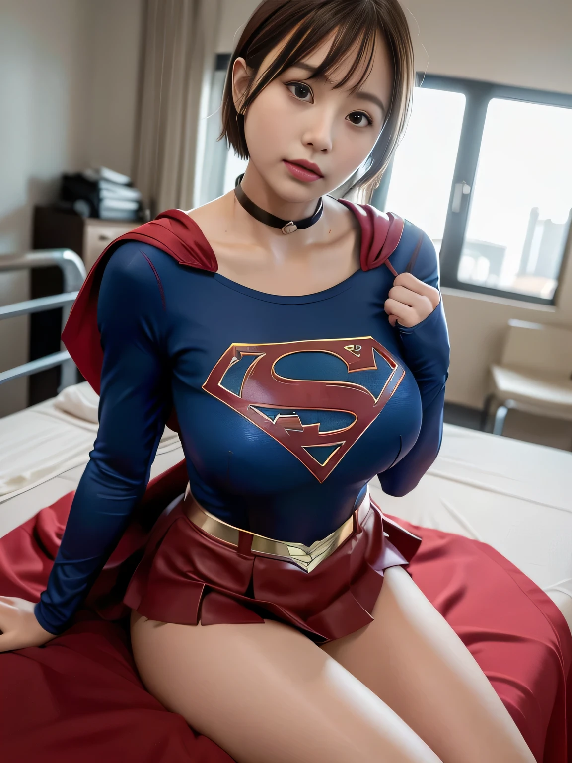 masterpiece、Supergirl costumes、short hair、barefoot、big and full breasts、operating room、operating table、straddle、Tattered、shiny、look at the camera、Seduce、choker、long sleeve、red mini skirt、Cowgirl、Estrus
