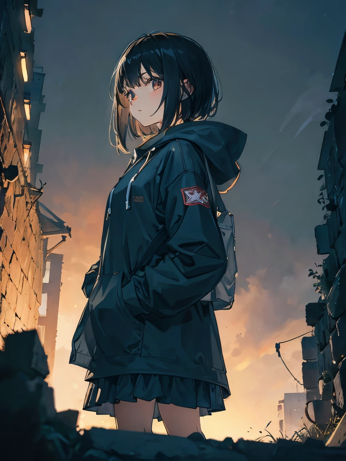 Close-up of a girl standing on rubble、dark lighting、Expressionless、hoodie、Take from below