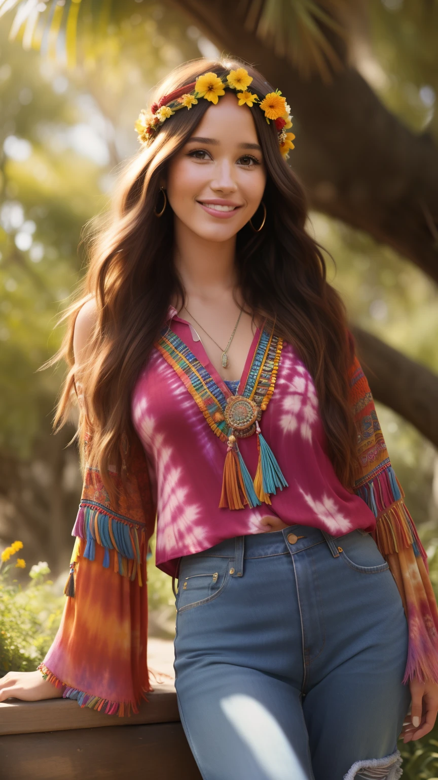 Albanian, girl, long brown hair, blue eyes, Flower , Peace and love, Bohemian lifestyle, Tie-dye fashion, Free spirit, Eco-friendly living, Natural beauty, Music festivals, Spirituality, Wanderlust