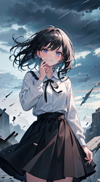 ((highest quality)), ((masterpiece)), (get used to it), perfect face　I'm desperately reaching out my hand　storm　in the fierce wind　My hair and clothes are blowing in the wind　desperate face　screaming　girl　tears　anxious face　black hair　I'm extending my right hand over here.　　dark sky　thunder　bending forward and reaching out　asking for help　I'm trying to grab something