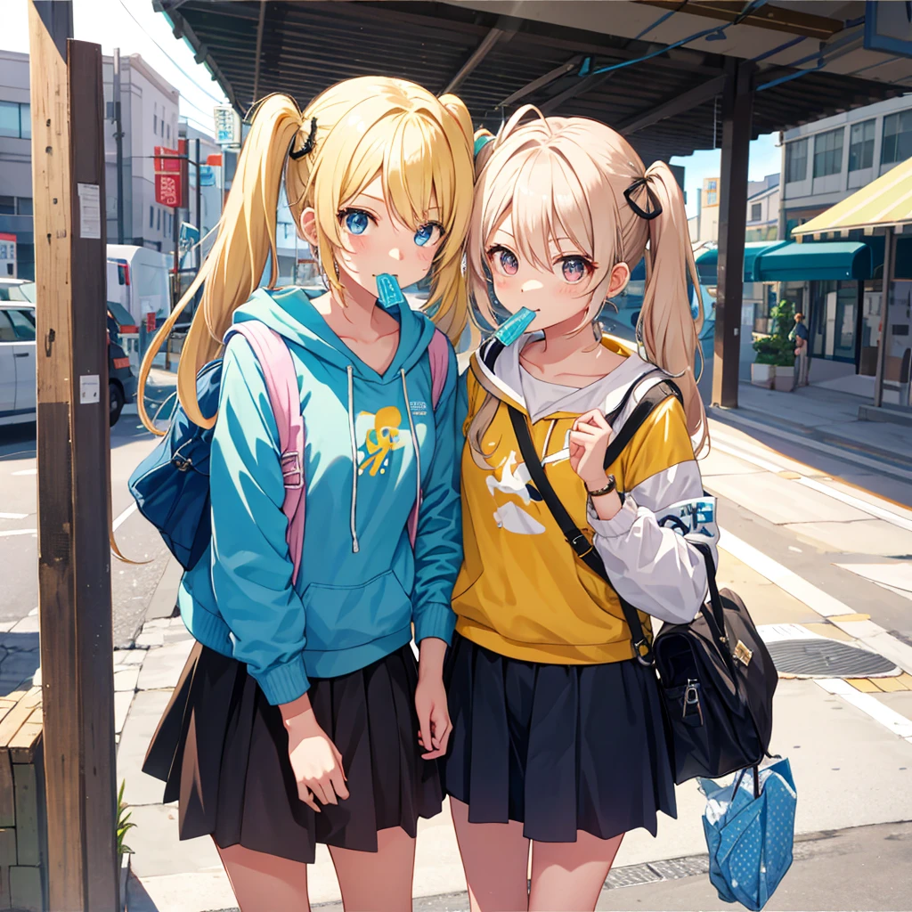 girl chewing gum、blonde twintails