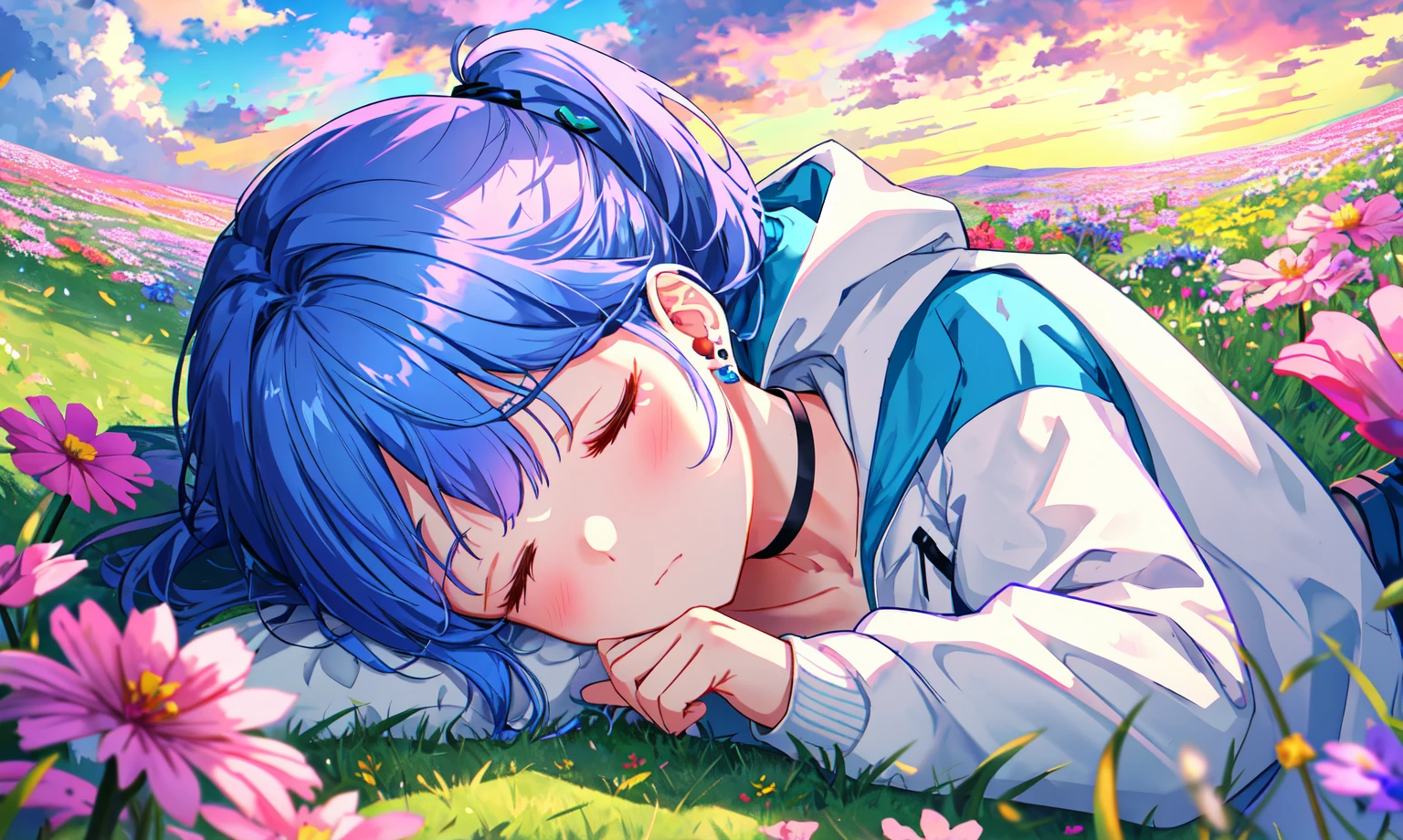 (bot), solo, (perfect face), (detailed outfit), sleeping, (closed eyes), (closed mouth), (sleeping on grass hill)m blue hair, hair between the eyes, bangs, long ponytail, (low ponytail), purple eyes, light skin, flatchested, (hoodie, long sleeves, choker), (pants, blue boots), (flower ornament), (earrings), from below, outdoor, (grassy hill), (beautiful sky), (clouds), (flowers), (wildflowers), (bright), (effects), (masterpiece), (best quality), (sharp focus), (depth of field), (high res), (colorful:1.2), vivid, (beautiful lighting),