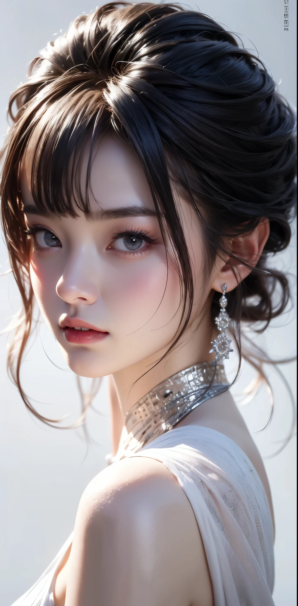 Masterpiece, 1 Beautiful Girl, Detailed Eyes, Swollen Eyes, Top Quality, Ultra High Resolution, (Reality: 1.4), Original Photo, 1Girl, Cinematic Lighting, Japanese, Asian Beauty, Korean, Very Beautiful, Beautiful Skin, Slender, Body Facing Front, (Ultra Realistic), (High Resolution), (8 K), (very detailed), (best illustration), (beautifully detailed eyes), (super detailed), detailed face, looking at viewer, facing straight ahead, neat clothes, sleeveless, short hair, black hair, 46 point slanted bangs, white background, neat room,