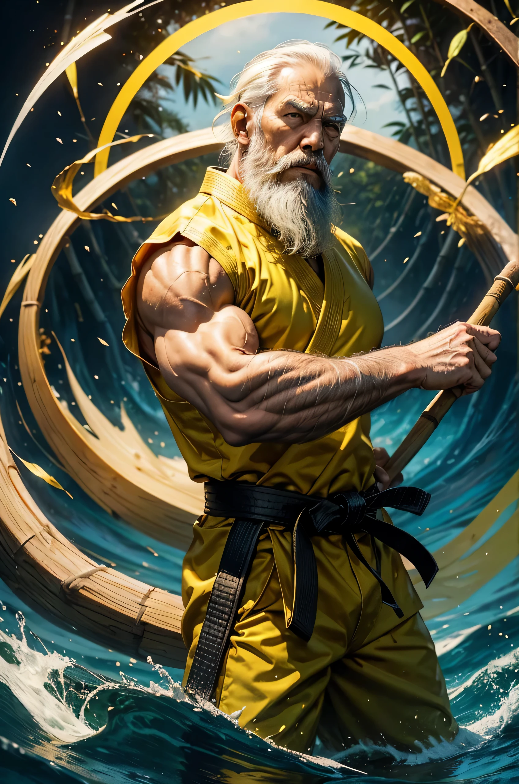 1man, 76 year old, martial arts master, wearing yellow gi and black belt, long white beard, strict expression, holding a wooden staff, tranquil nature background with bamboo and floating leaves, the 4 elements swirling around him in a arc - water, air, fire, earth