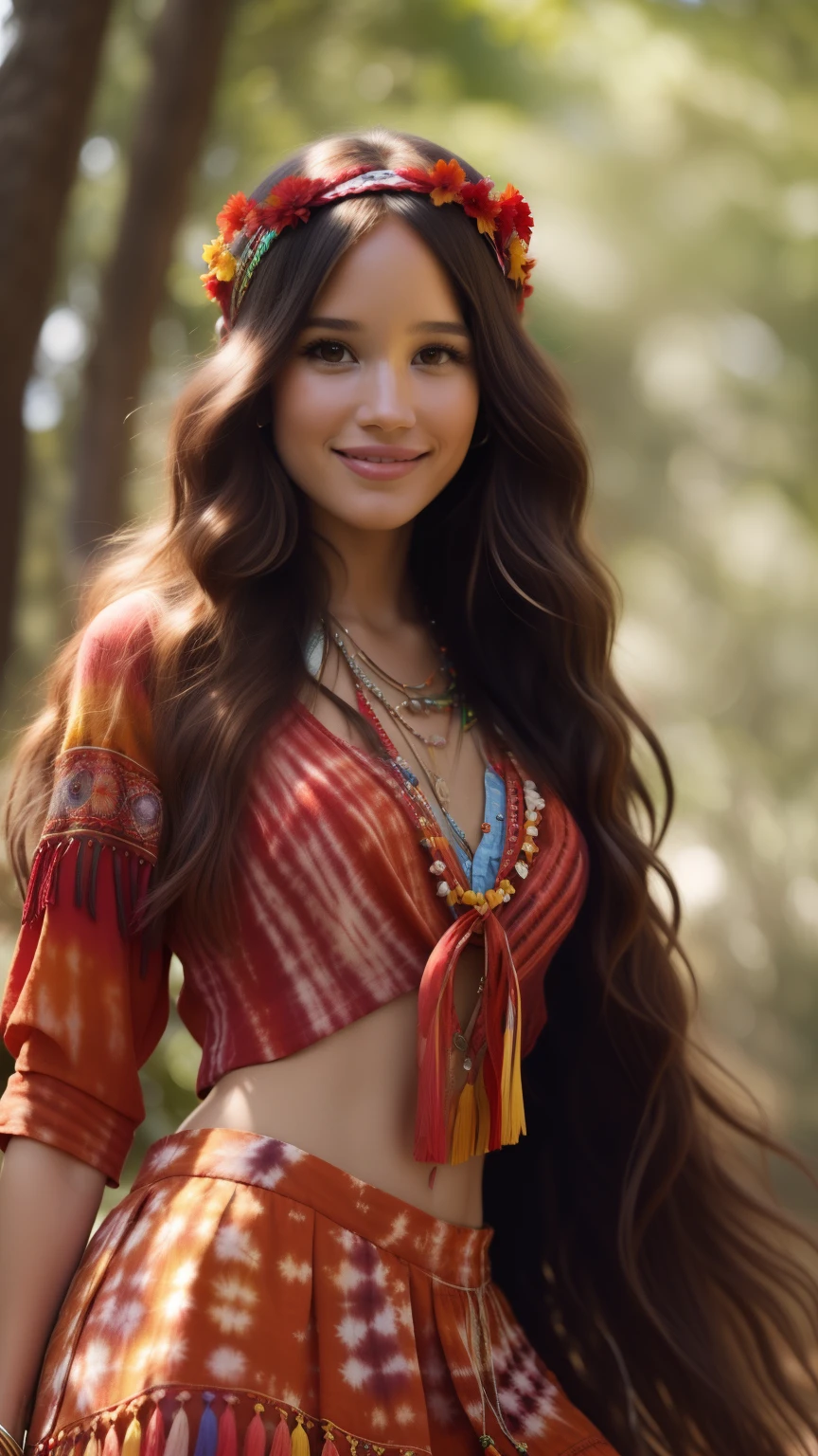 Foto hiperrealista en primer plano de Kelsey Asbille, dressed in a tie-dye red red blouse paired with red skirt and fringe accessories. She wears a headband or flower crown in her long, flowing hair. The setting is a bohemian-inspired outdoor music festival or a peaceful nature backdrop, capturing the free-spirited and laid-back vibe of the era 60Retro69Punch75, beautiful woman, skinny, large big breasts, black long hair, detailed face, smile, facing the camera, photo taken from a distance, age of 25 years old