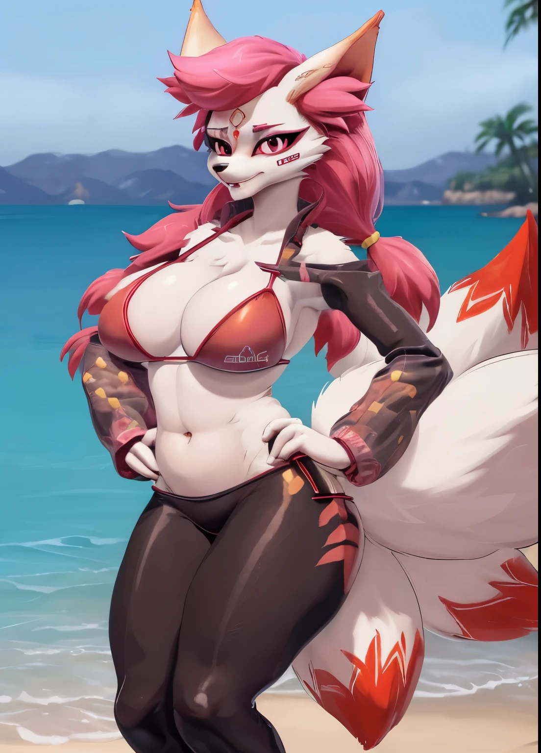 uploaded on e621, explicit content, (cutesexyrobutts), female, solo, solo, (shaded face:1.2), furry female anthro, Kimiko, furry female anthro, fox girl, portrait, close-up, Bikini, (Red Bikini), solo, body fur, (best quality), detailed beach background, blue water, dramatic lighting, looking at viewer, medium breastandaid:1.1), eye scar, multiplet tails, (bikini:1.2), (pink eyes:1.2), (Black pupils:1.2), (hands on hips), large breasts, natural breasts, breast sag:0.9), standing, navel, wide hips, (red bikini:1.2), (5 tails:1.5), walking, realistic Fur, (pink eyes), ultra realistim,  ((full body))