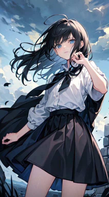 ((highest quality)), ((masterpiece)), (get used to it), perfect face I'm desperately reaching out my hand storm in the fierce wind My hair and clothes are blowing in the wind desperate face screaming girl tears anxious face black hair I'm extending my right hand over here. dark sky thunder bending forward and reaching out asking for help I'm trying to grab something He stretches his right elbow and raises his hand towards me. Sad face I want help