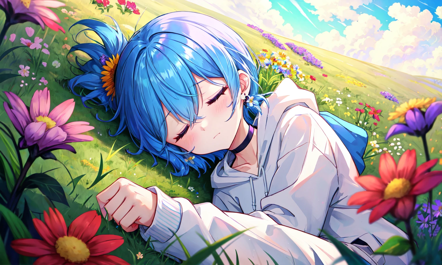 (bot), solo, (perfect face), (detailed outfit), sleeping, (closed eyes), (closed mouth), (sleeping on grass hill), blue hair, hair between the eyes, bangs, long ponytail, (low ponytail), purple eyes, light skin, flatchested, (hoodie, long sleeves, choker), (pants, blue boots), (flower ornament), (earrings), from below, outdoor, (grassy hill), (beautiful sky), (clouds), (flowers), (wildflowers), (bright), (effects), (masterpiece), (best quality), (sharp focus), (depth of field), (high res), (colorful:1.2), vivid, (beautiful lighting),