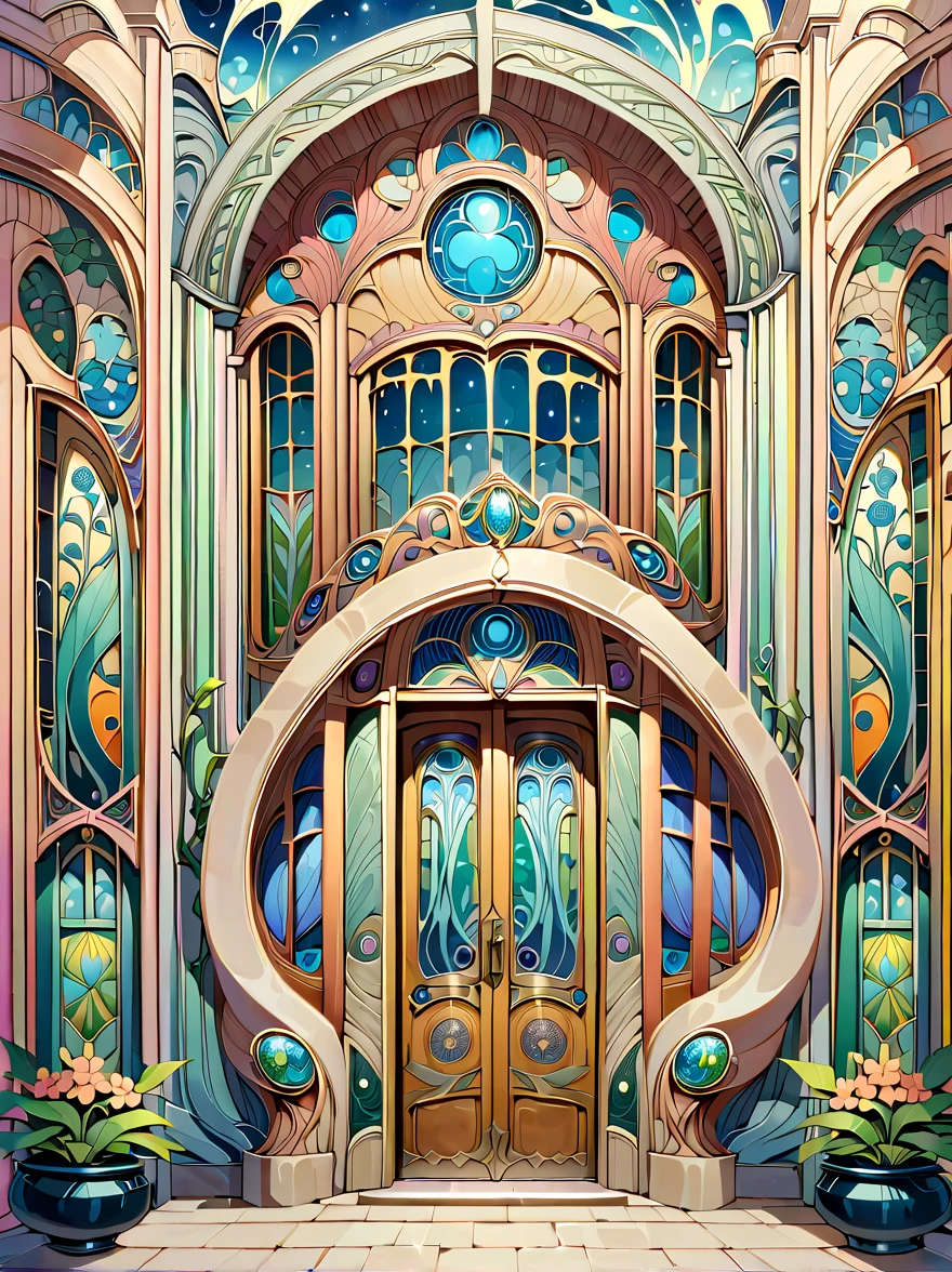 Create an image showcasing the exterior of a building adorned in Art Nouveau style. The building should exhibit characteristic features of Art Nouveau, including flowing, organic lines, floral and plant-like motifs, and elegant, curving forms. The facade should be ornate, with intricate details and a harmonious blend of architectural elements and decorative art. The building could have large, stylized windows and doors, along with decorative panels and sculptures that embody the natural, organic essence of Art Nouveau. The overall image should capture the artistic and aesthetic beauty of this architectural style.