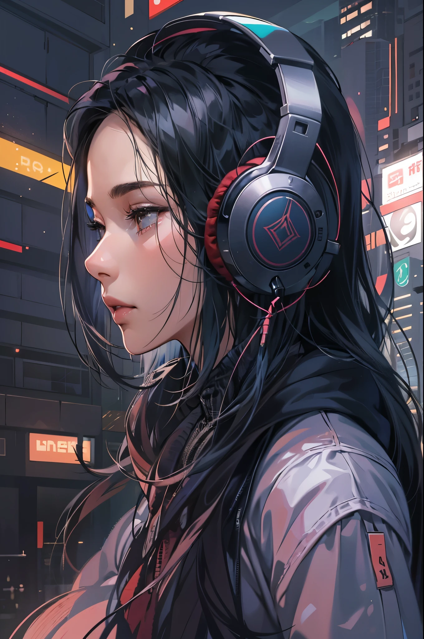 (absurdres, highres, ultra detailed, realistic, ), 1 18 year-old,girl, solo, elegance, long black hair, suits,brown eyes, (headphone),cyberpunk city background, ultra - detailed, best quality, Detailed diagram, vectorized, 8K, Graphic design, vector lines, Full-HD,upper body