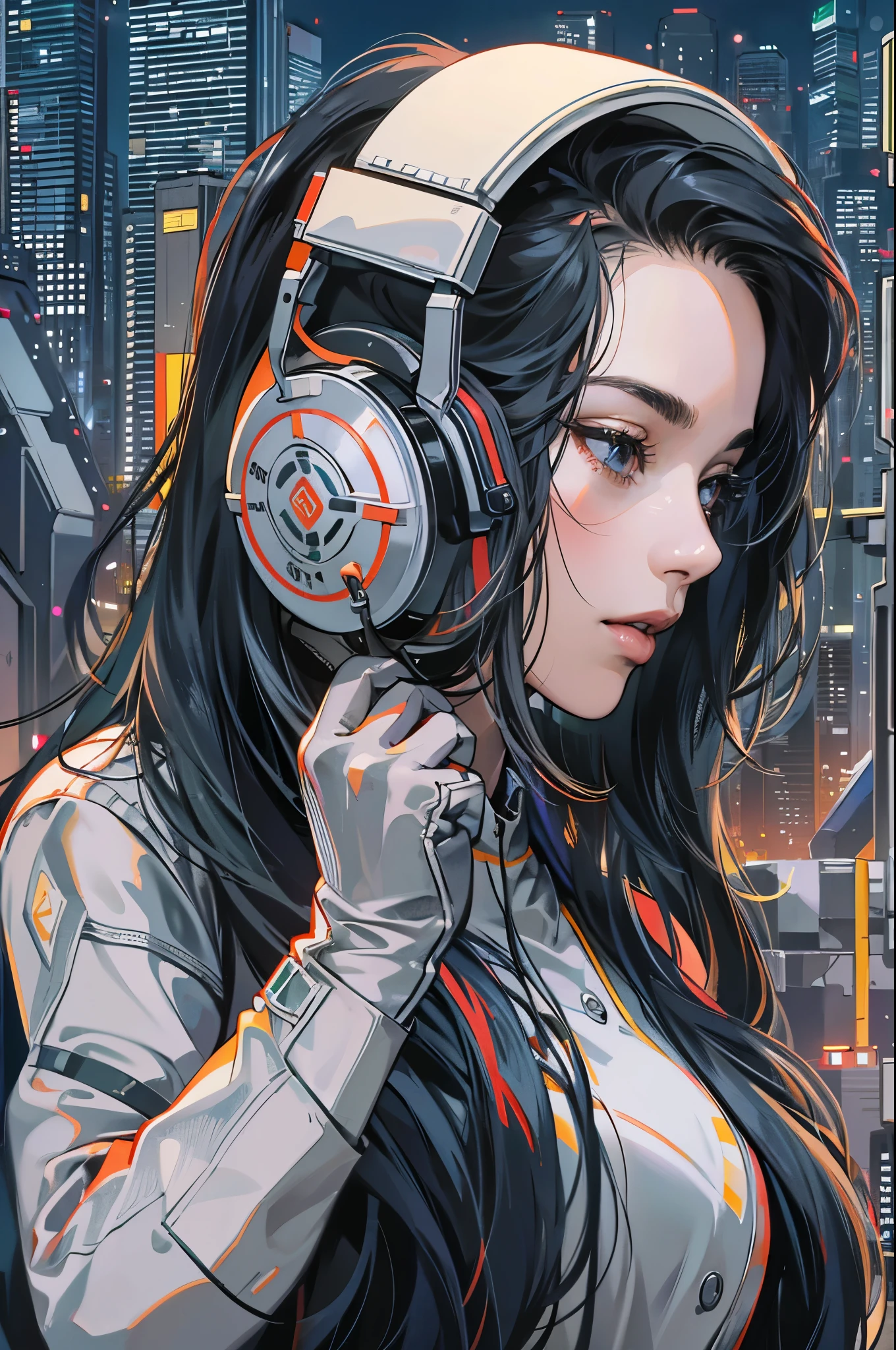 (absurdres, highres, ultra detailed, realistic, ), 1 18 year-old,girl, solo, elegance, long black hair, suits,brown eyes, (headphone),cyberpunk city background, ultra - detailed, best quality, Detailed diagram, vectorized, 8K, Graphic design, vector lines, Full-HD,upper body