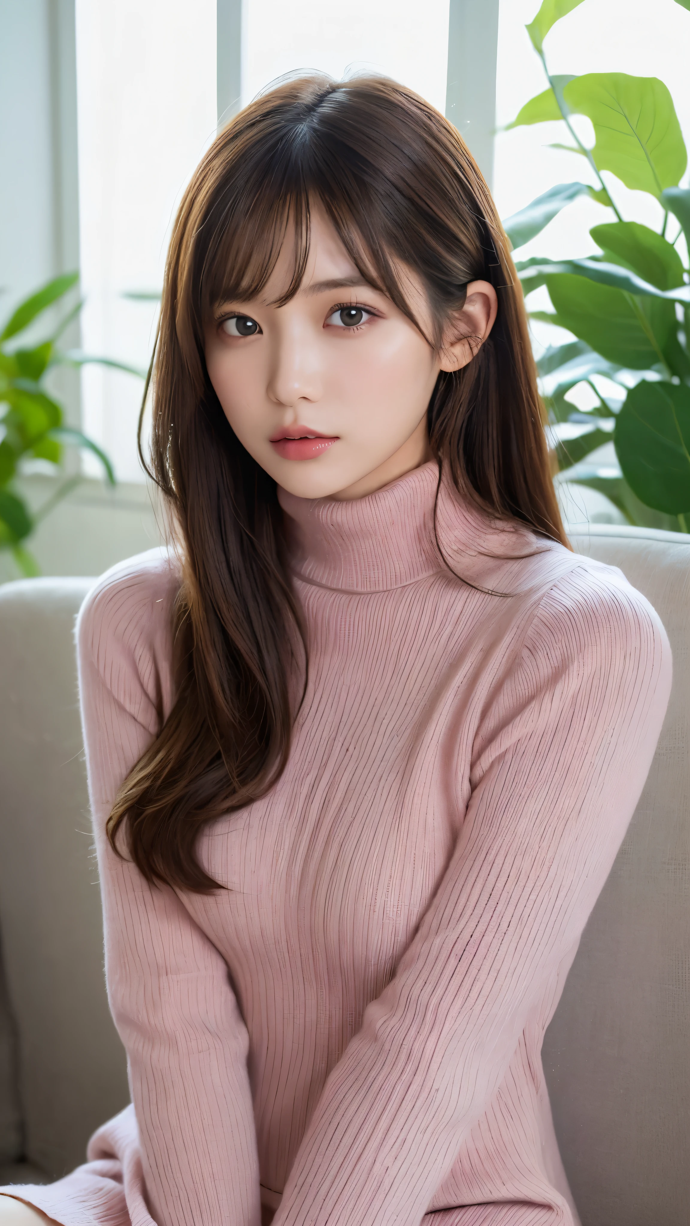 ((NSFW))、(masterpiece:1.5)、(realistic:1.5)、(highest quality:1.4、8K、RAW photo)、
ultra high resolution、professional lighting、perfect dynamic composition、Shot indoors、
film grain、chromatic aberration、(Bokeh:1.1)、
Frank、Sophisticated、charm、超realistic、high detail、golden ratio、
(1 girl)、slender girl、繊細でcharm女の子、cute woman:1.4、
serious expression、looking at the viewer、various poses、sitting on the sofa、crossed legs、
light brown hair、shining hair、Hair style is ponytail、
skin that looks real、
close your mouth、fine eyes、double eyelid、thin arms、、
(She is wearing a dark pink turtleneck ribbed sweater dress.:1.3)、show some thighs
