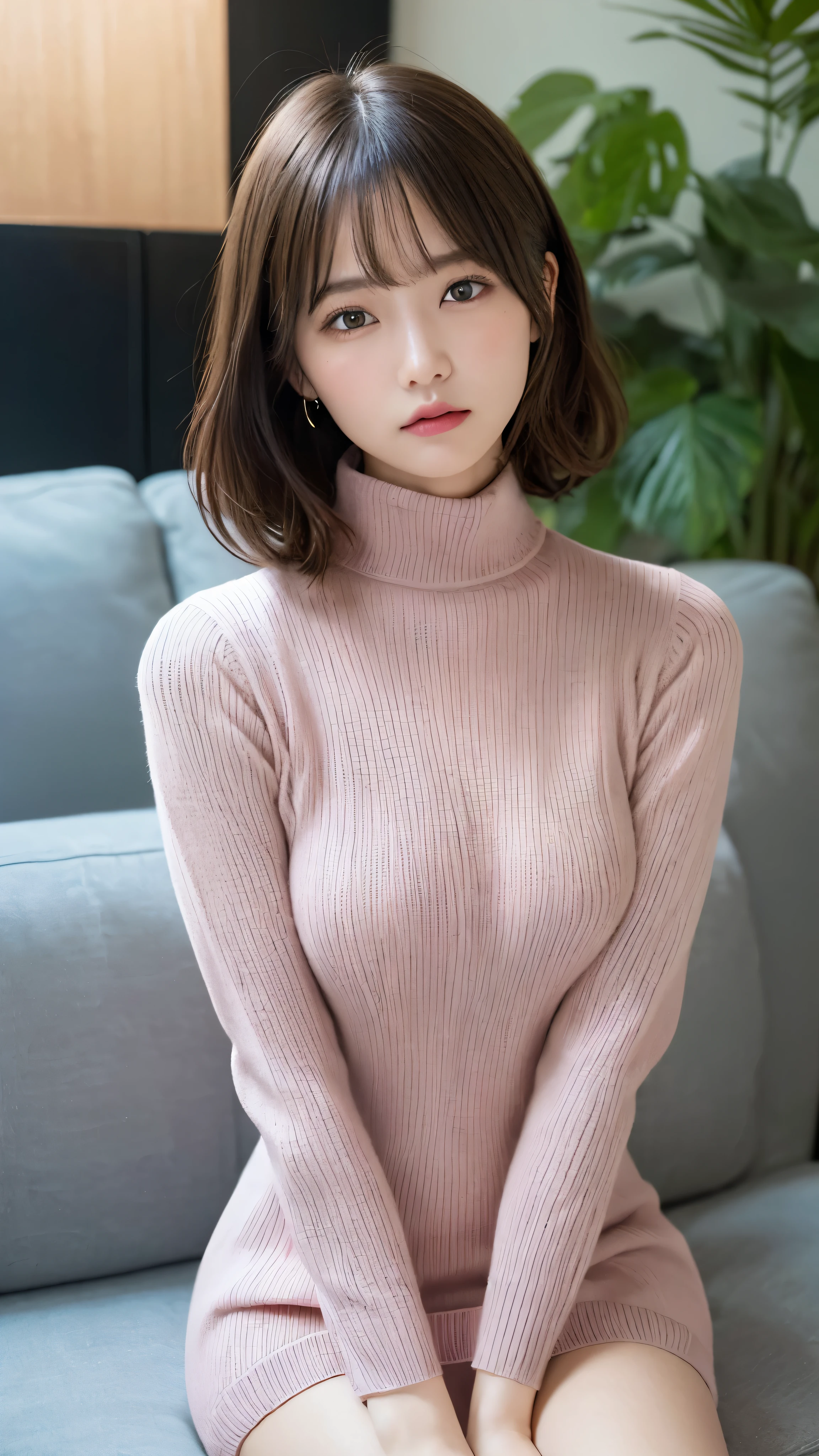 ((NSFW))、(masterpiece:1.5)、(realistic:1.5)、(highest quality:1.4、8K、RAW photo）、
ultra high resolution、professional lighting、perfect dynamic composition、Shot indoors、
film grain、chromatic aberration、(Bokeh:1.1)、
Frank、Sophisticated、charm、超realistic、high detail、golden ratio、
(1 girl)、slender girl、繊細でcharm女の子、cute woman:1.4、
serious expression、looking at the viewer、various poses、sitting on the sofa、crossed legs、show some thighs、
light brown hair、shining hair、Hair style is ponytail、
skin that looks real、
close your mouth、fine eyes、double eyelid、thin arms、、
(She is wearing a dark pink turtleneck ribbed sweater dress.:1.3)