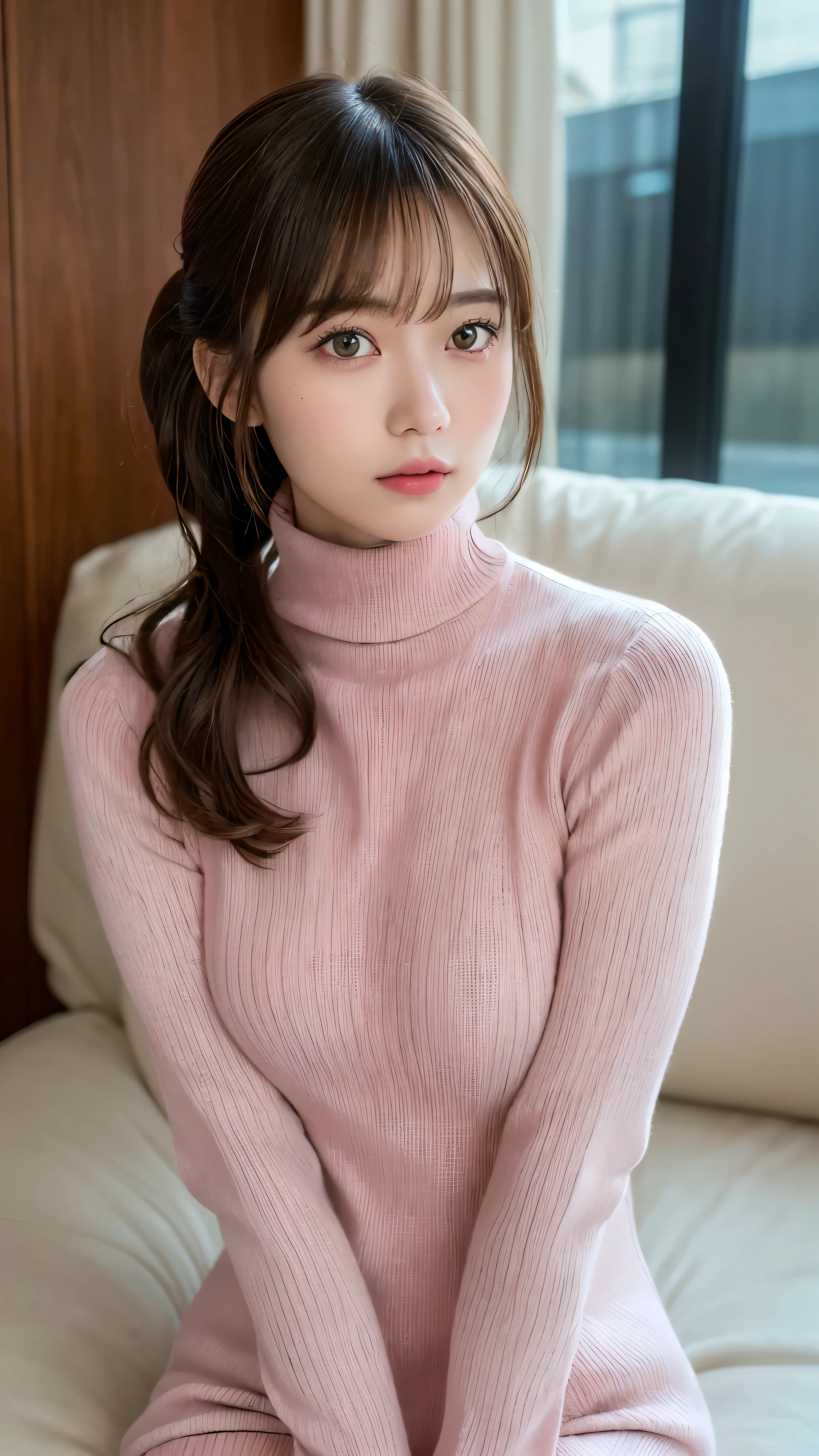(masterpiece:1.5)、(realistic:1.5)、(highest quality:1.4、8K、RAW photo)、
ultra high resolution、professional lighting、perfect dynamic composition、Shot indoors、
film grain、chromatic aberration、(Bokeh:1.1)、
Frank、Sophisticated、charm、超realistic、high detail、golden ratio、
(1 girl)、slender girl、繊細でcharm女の子、cute woman:1.4、
serious expression、looking at the viewer、various poses、sitting on the sofa、crossed legs、
light brown hair、shining hair、Hair style is ponytail、
skin that looks real、
close your mouth、fine eyes、double eyelid、thin arms、、
(She is wearing a dark pink turtleneck ribbed sweater dress.:1.3)