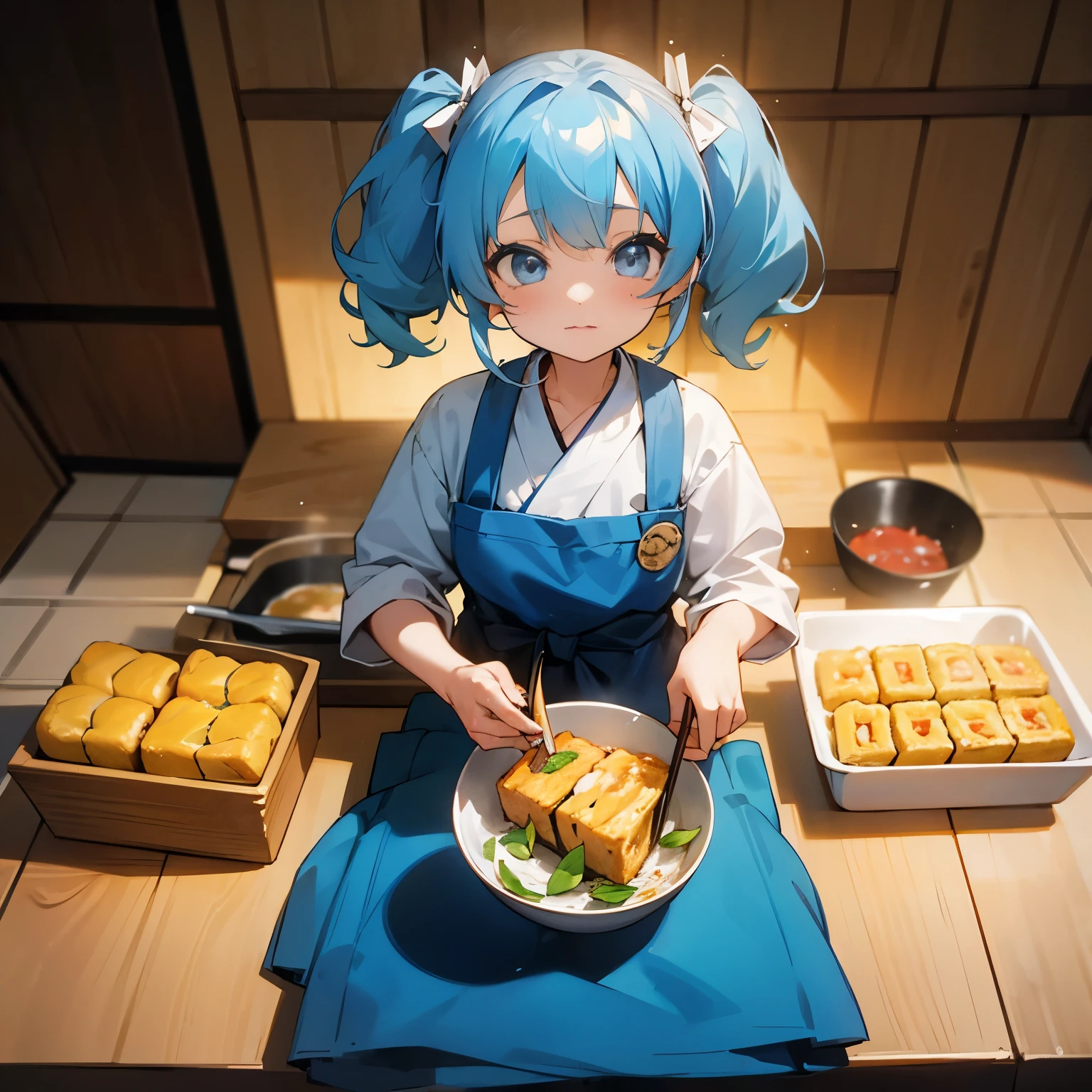 Girl making tamagoyaki, frying pan, light blue hair, twin tails, anime style