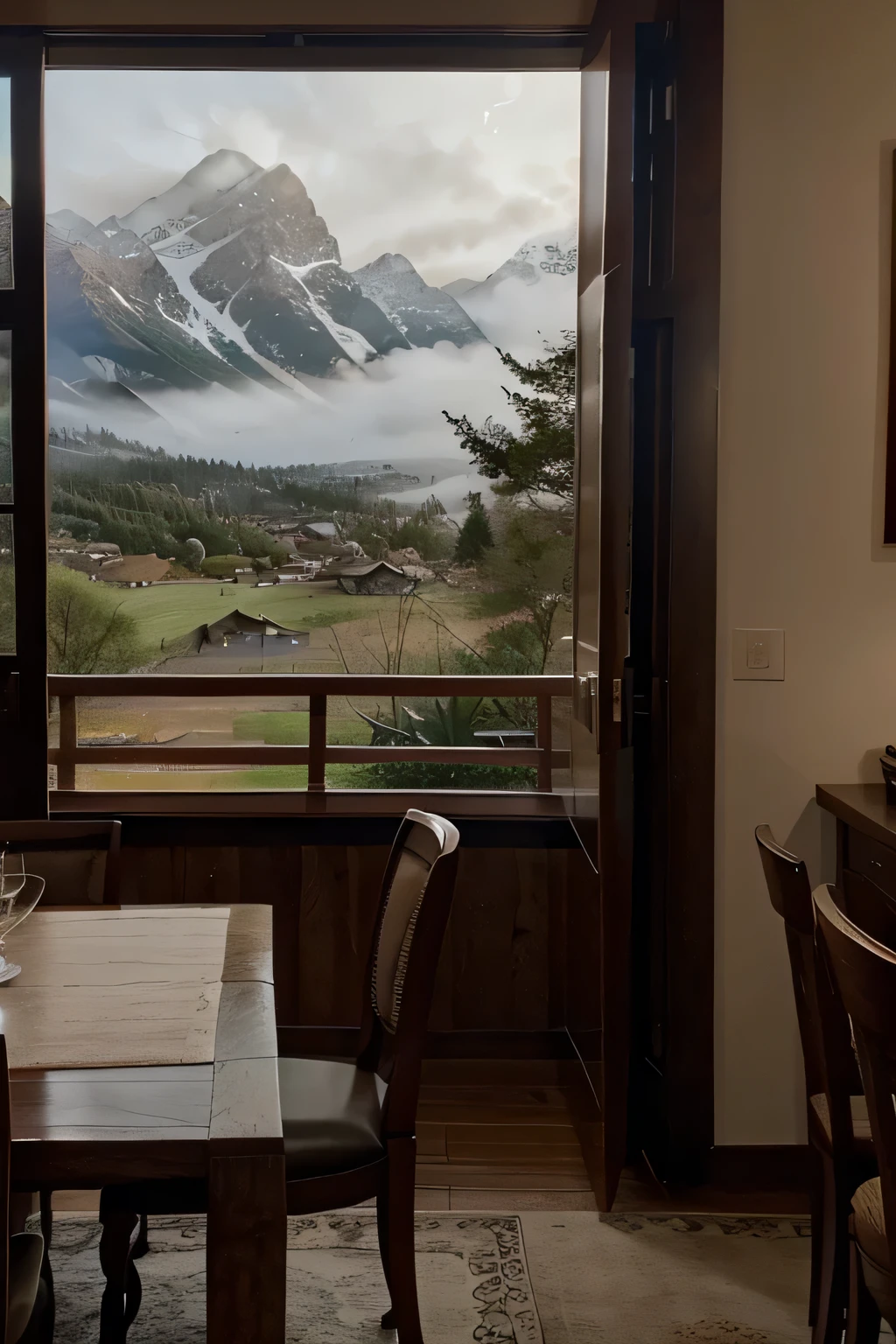 dinner room with a background showing misty mountains.