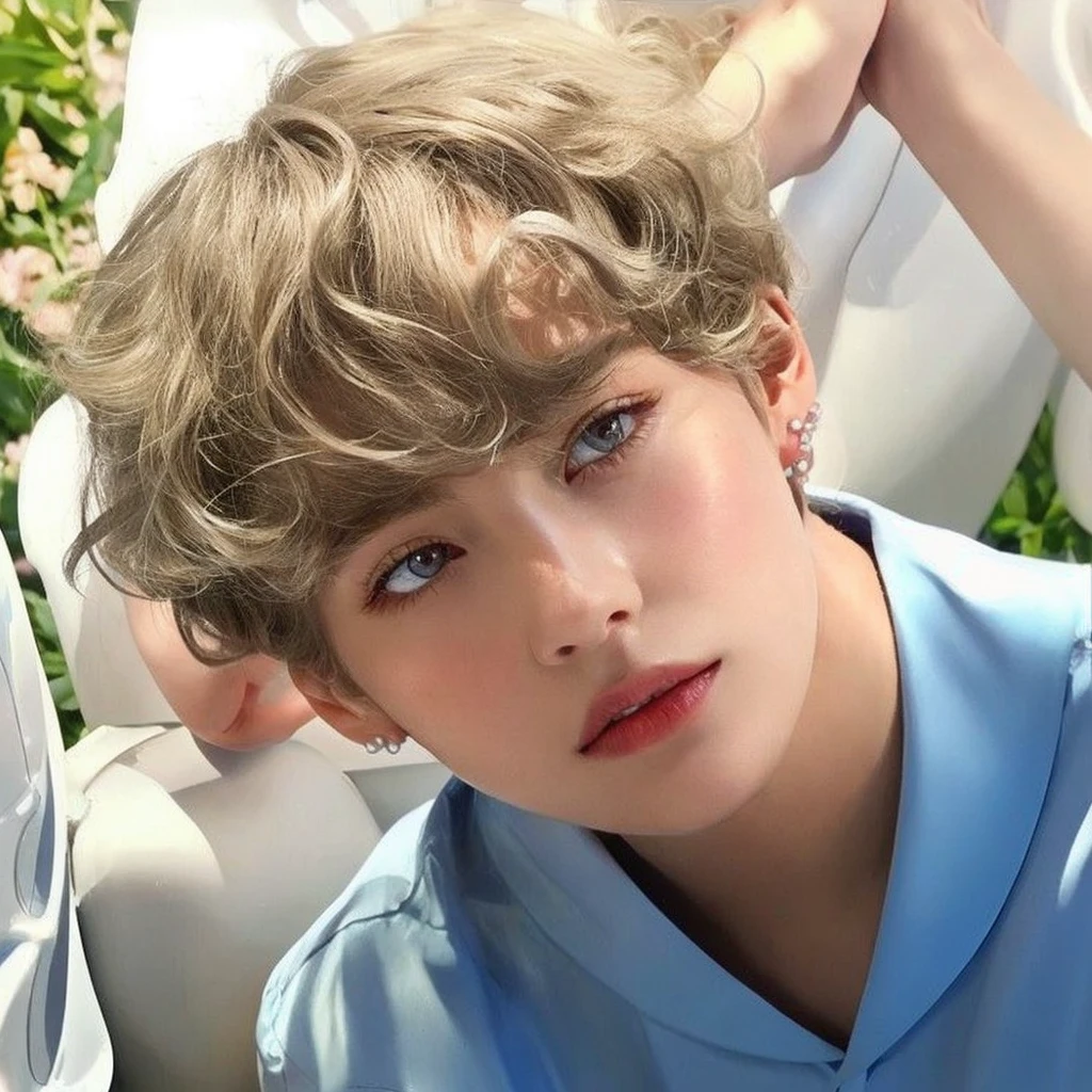 Smooth skin, light blue eyes, long lashes, white pale skin, blonde hair, pretty red lips, juicy lips, pearl earrings, necklace, Straight eyebrowns, shiny skin, femenine traits, wavy hair, shiny lips