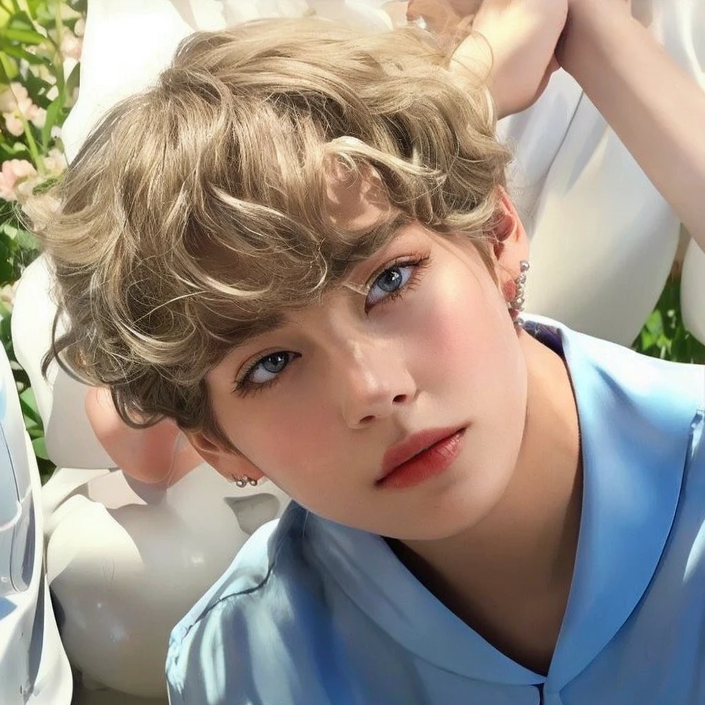 Smooth skin, light blue eyes, long lashes, white pale skin, blonde hair, pretty red lips, juicy lips, pearl earrings, necklace, Straight eyebrowns, shiny skin, femenine traits, wavy hair, shiny lips