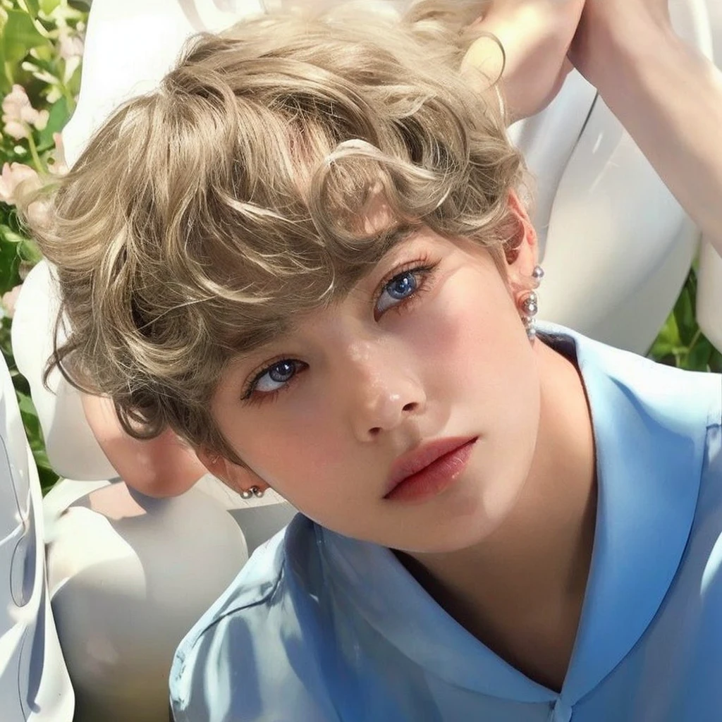 Smooth skin, light blue eyes, long lashes, white pale skin, blonde hair, pretty red lips, juicy lips, pearl earrings, necklace, Straight eyebrowns, shiny skin, femenine traits, wavy hair, shiny lips